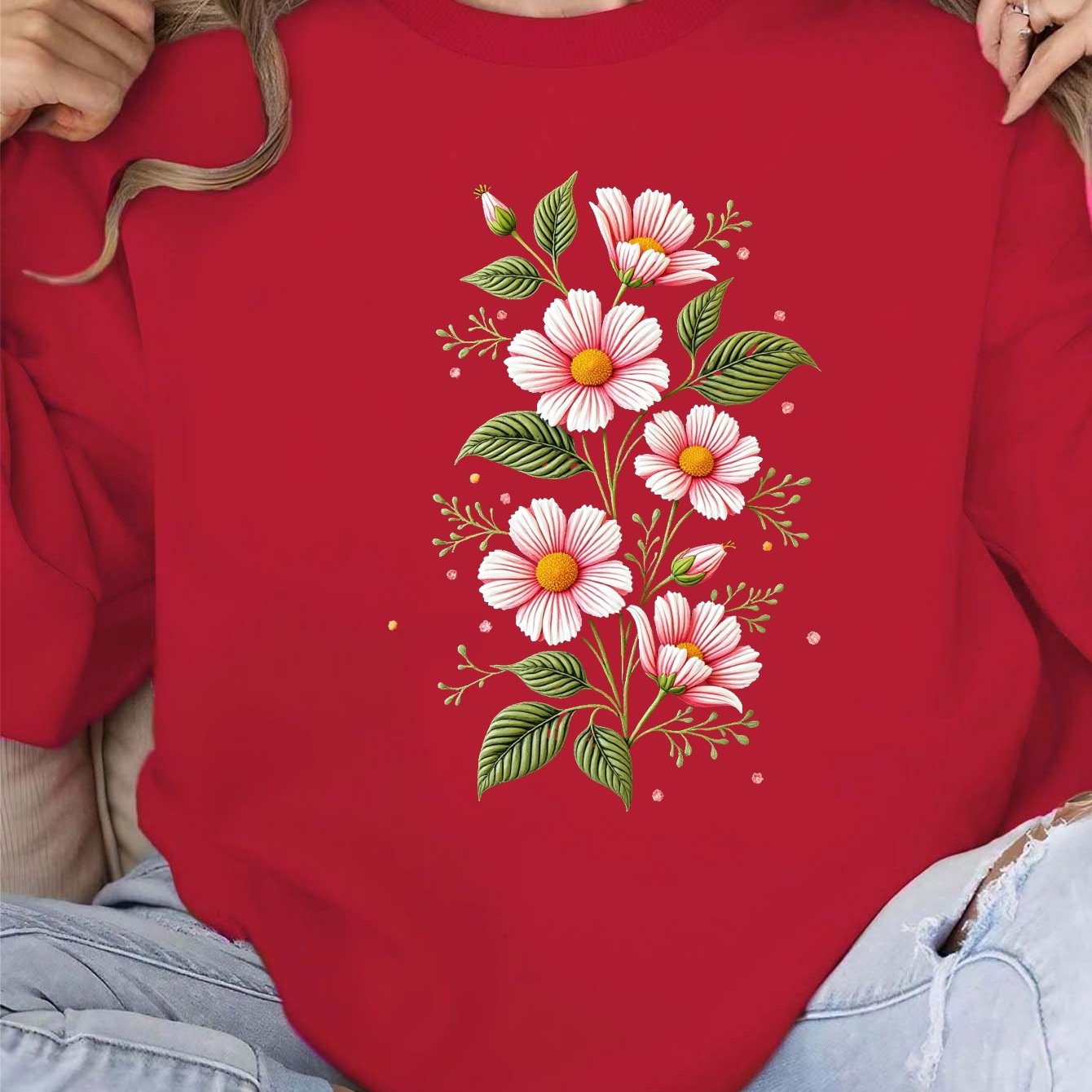 Embroidered Floral Design Women'S Plus Size Sweatshirt