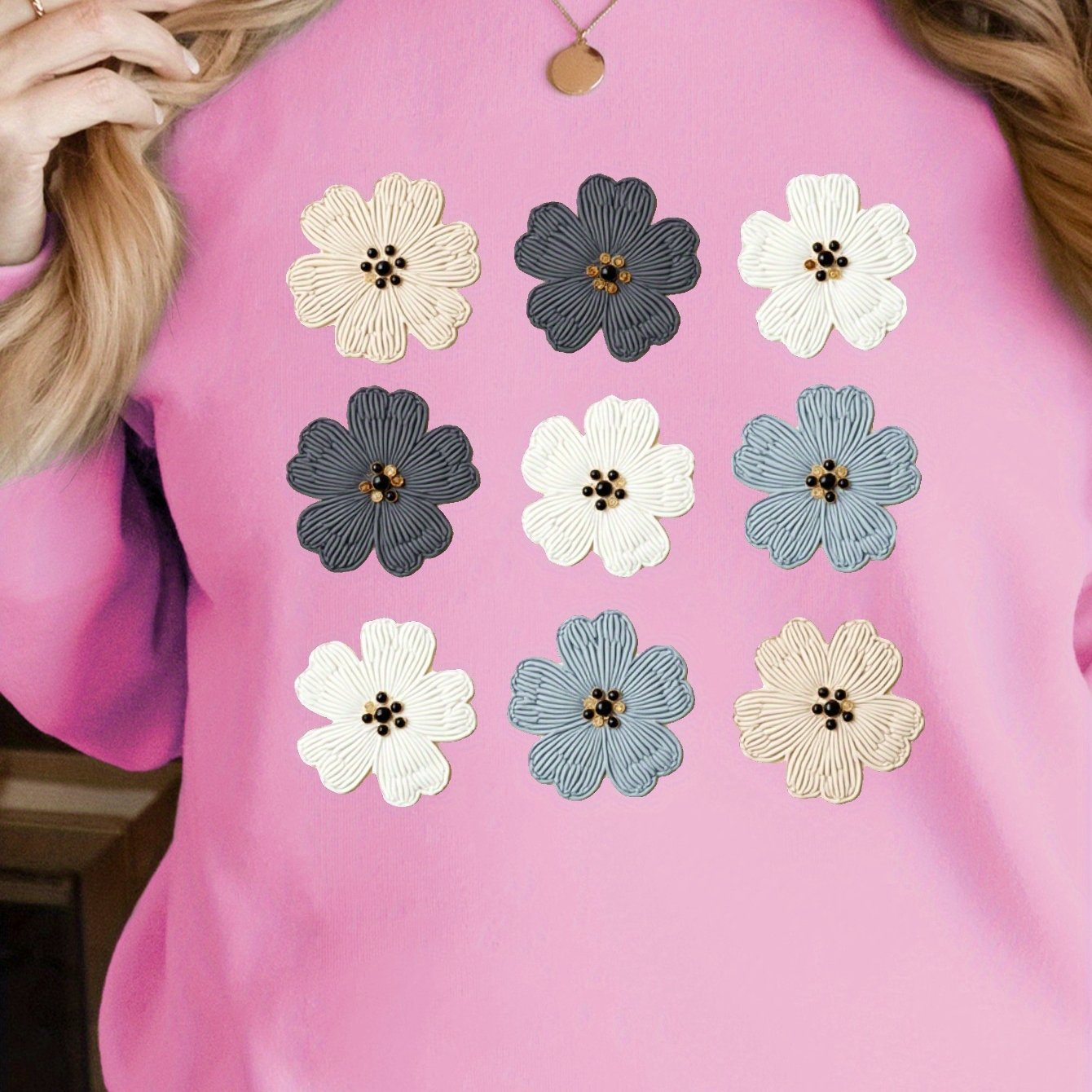 Women's Cozy Pink Floral Embroidered Sweatshirt with Bead Details - Soft Long Sleeve Pullover for Fall/Winter, Casual Round Neck Design, Machine Washable