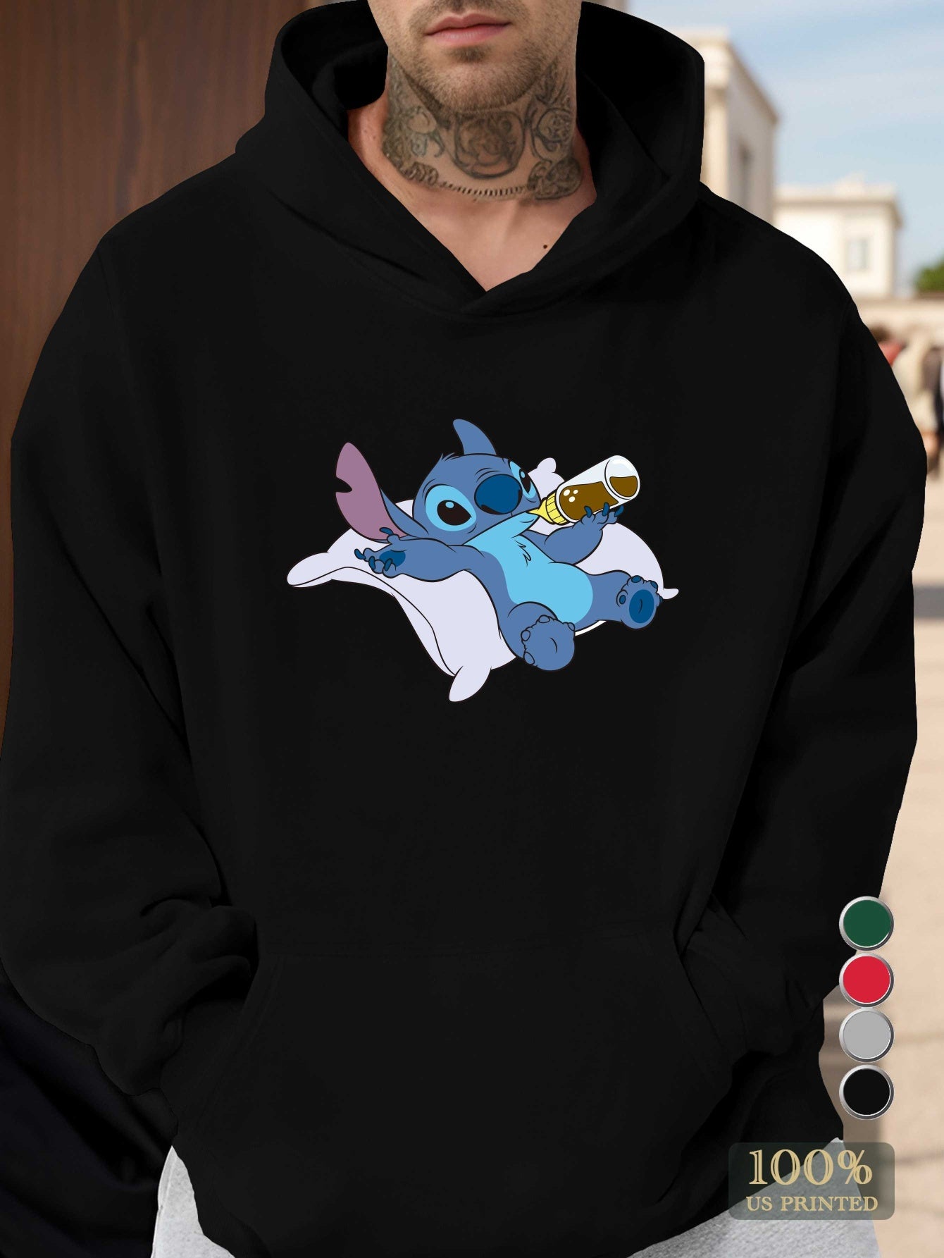 Disney Stitch Men's Hoodie - Official Stitch Graphic Pullover Sweatshirt, Loose Fit Hooded Sweatshirt for Adults, Fall/Winter Apparel (Green/Red/Black/Grey/) - Disney Fan Gift, Fall Season Apparel, Casual Winter Wear, Durable