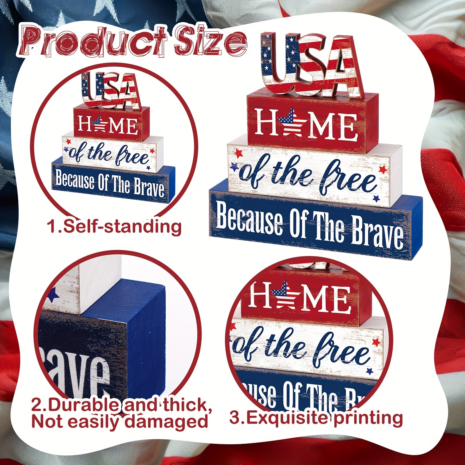 Farmhouse 4th of July Patriotic Table Sign Independence Day Table Wood Decorations Patriotic Themed Rustic Farmhouse Wood Block Sign for Party Home Desk Party Packs (Stylish)