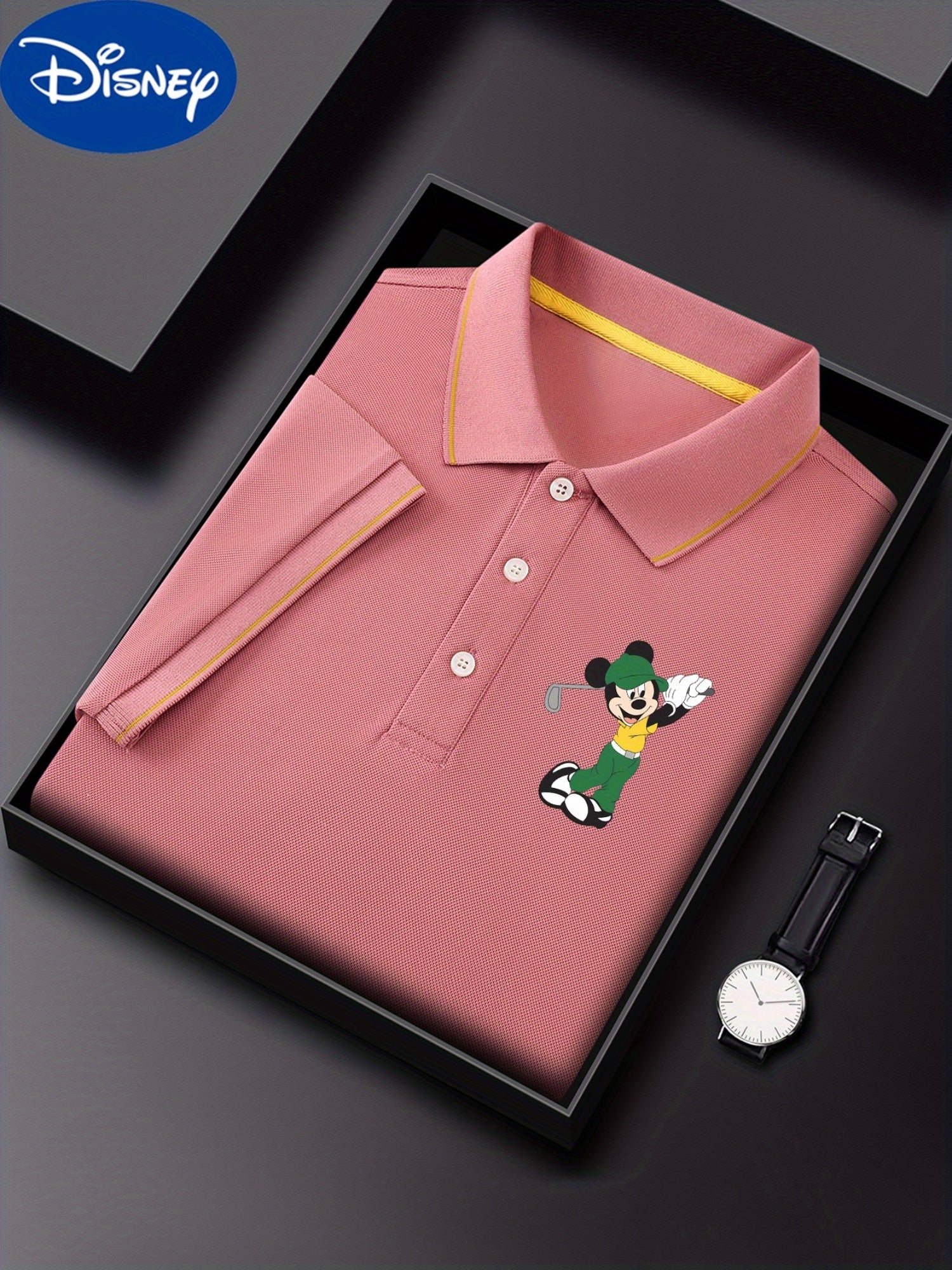 Disney Mickey Golf Sports Style Printed Short Sleeve Polo Shirt, Premium Business Casual, Lightweight Polyester, Quick Drying and Breathable Golf Shirt, Polo Shirt, Suitable for Outdoor Golf and Tennis, Perfect Gift Choice fo
