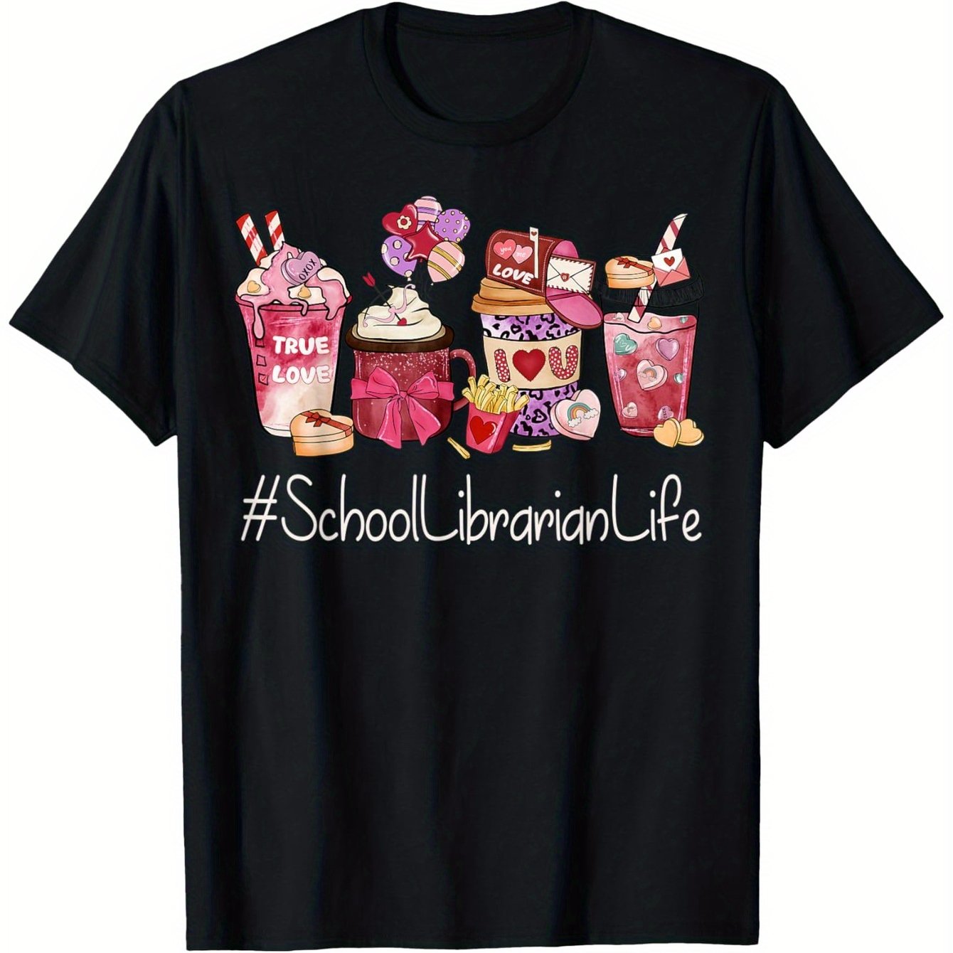 Funny School Librarian Life Graphic T-Shirt - 100% Cotton 180gsm Crew Neck Tee with Playful Coffee, Hearts & Books Print - Valentine's Day Gift for Men, Women, Librarians (Sizes 1XL-5XL, Black), Librarian Gifts, Casual Wear,