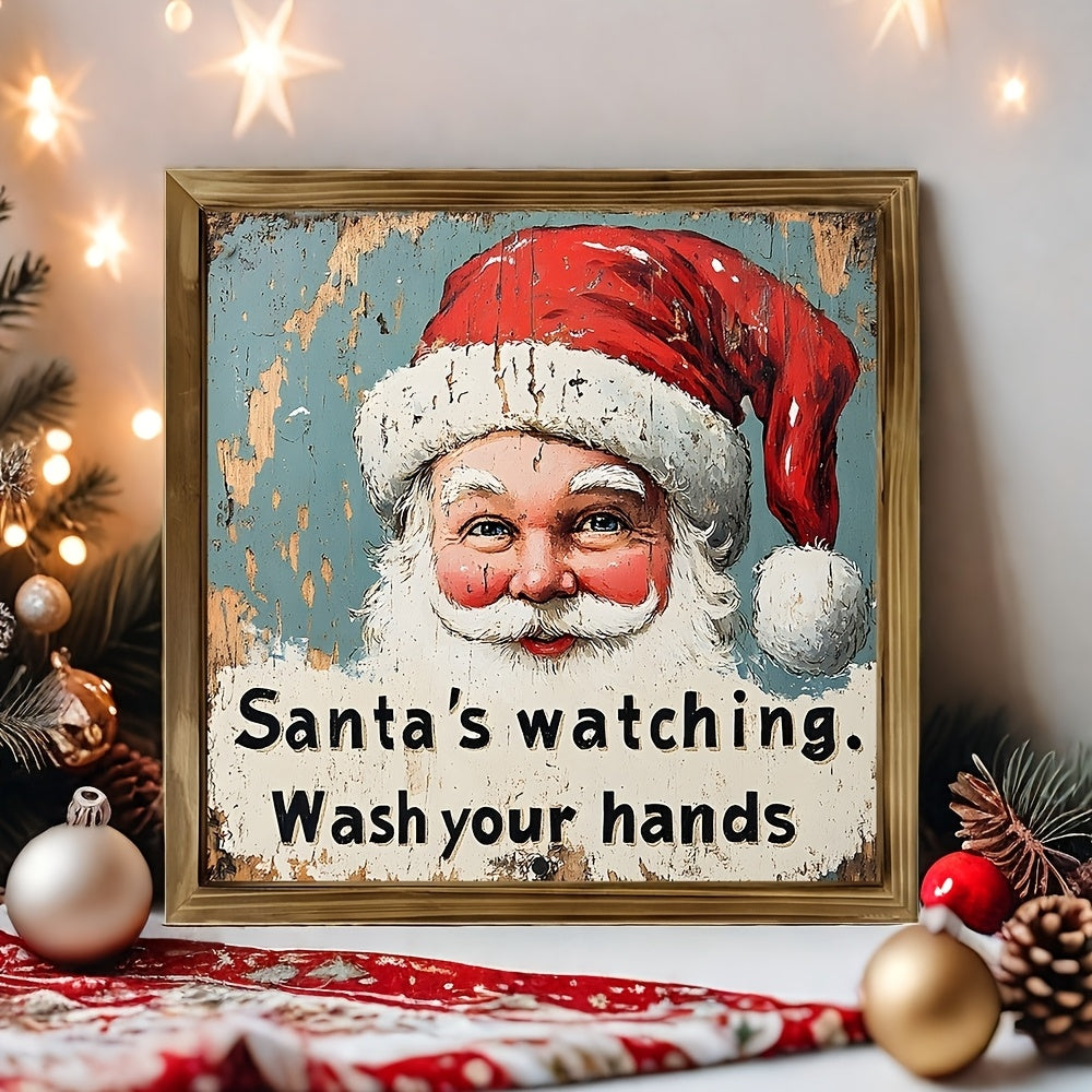 Woodcut Charming Rustic Santa Sign - Wall Art for Home & Bathroom Decor, Perfect Christmas Decor