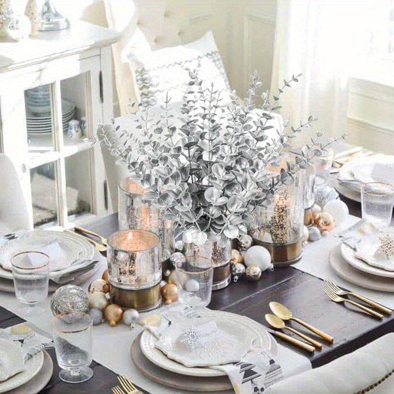 Eucalyptus Stems Artificial Eucalyptus Leaves Decor Eucalyptus Branches Fake Eucalyptus with Fake Leaves 15.35 inch Faux Eucalyptus Stem for Vase Wedding Bouquet Home (Silvery, Golden)