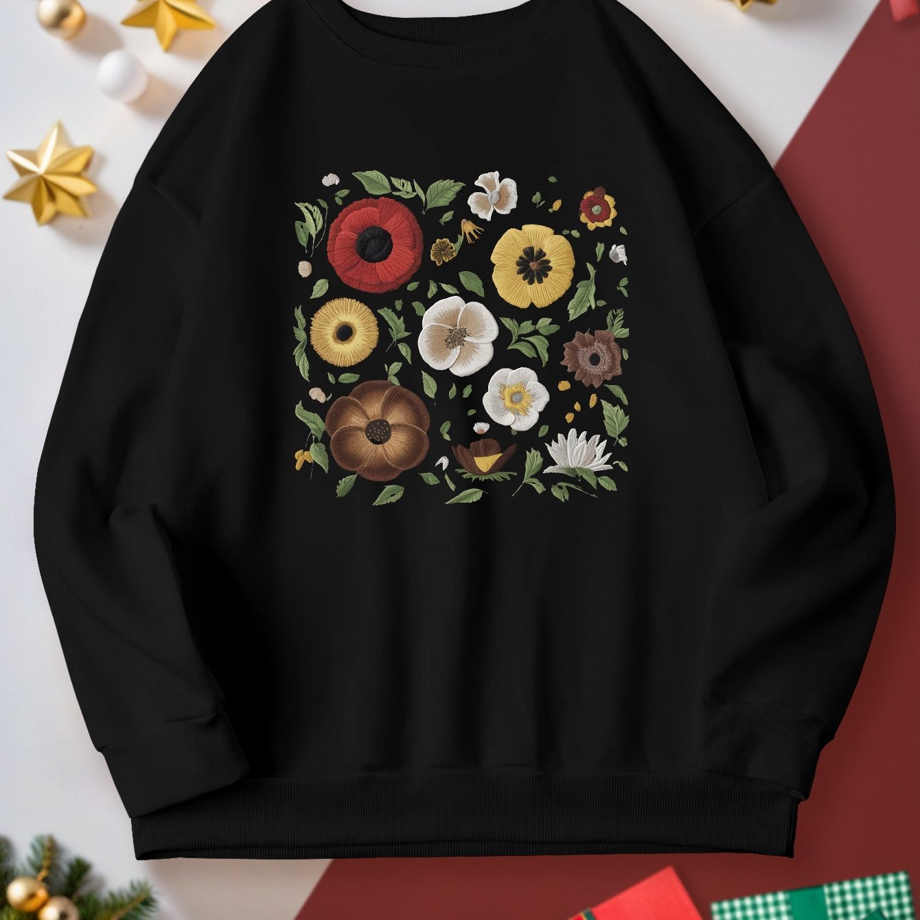 Women's Plus Size Floral Embroidery Sweatshirt - Casual Crew Neck, Long Sleeve Pullover for Fall/Winter, Machine Washable