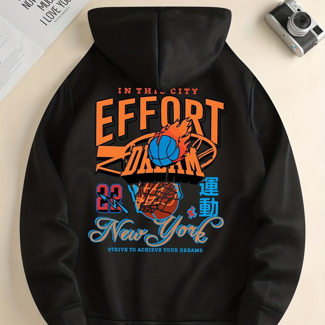 Men'S Trendy Hoodie with Basketball Print - Casual Drawstring Pullover with Kangaroo Pocket, Polyester & Spandex Blend, Machine Washable