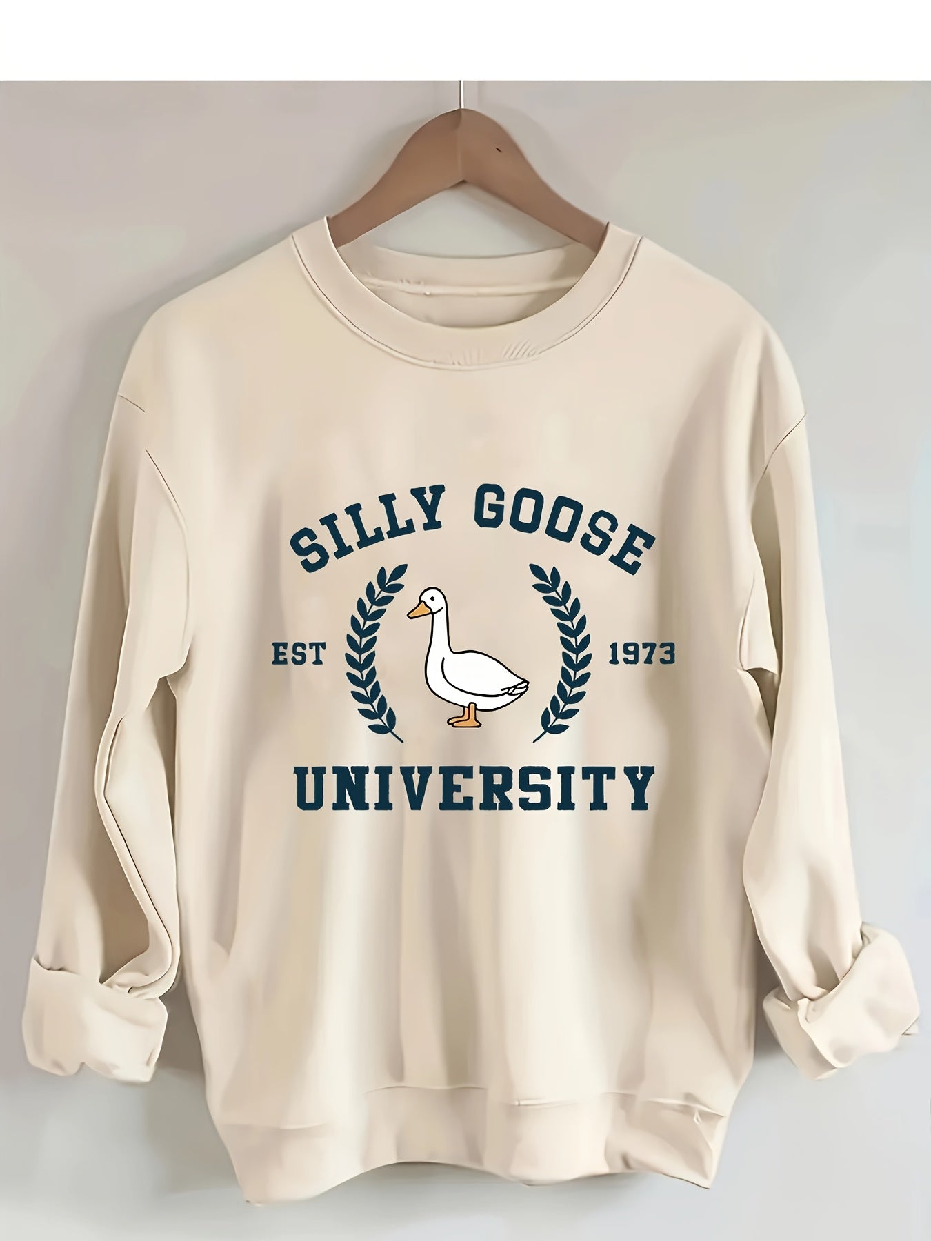 Silly Goose Comfort Workshop Women's Casual Crew Neck Sweatshirt - Silly Goose University 1978 Graphic Print, Soft Beige, Regular Fit, Machine Washable, Allseason Apparel, Playful Design, Durable Fabric