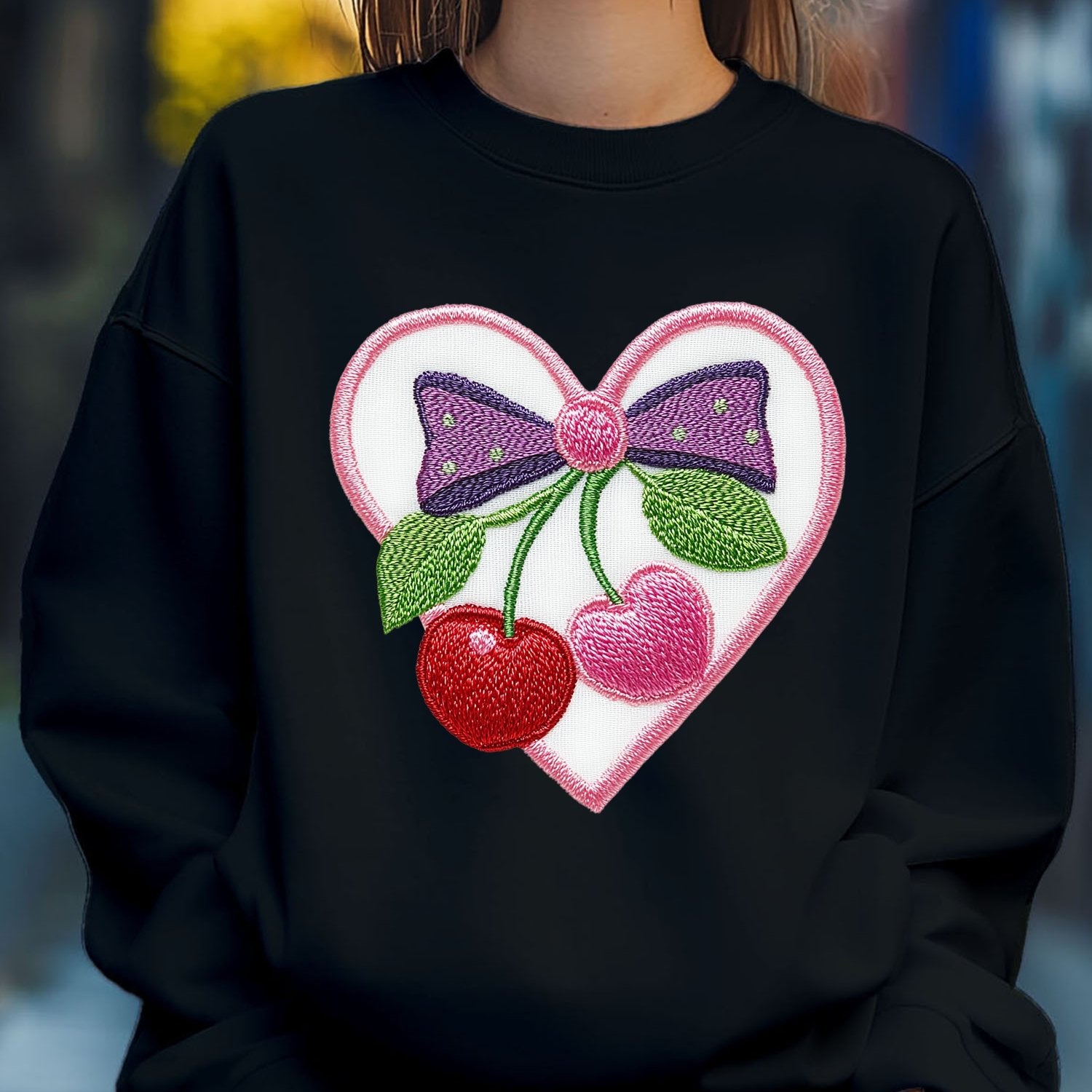 Women'S Cherry Love Heart Bow Embroider Print Sweatshirt Pullover Fall Loose Fashion Long Sleeve Crew Neck Sweatshirt Casual Comfy Clothes
