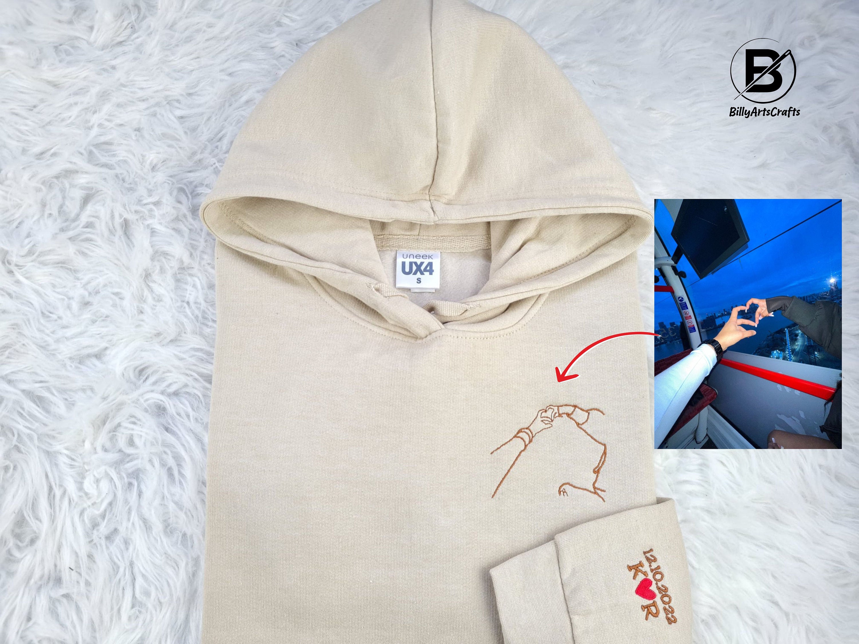 Personalised Outline Drawing Comfy Hoodies, Embroidered Sketch Portrait Hoody, Custom Couples Date On Sleeve Jumpers, Memorial Gifts for him