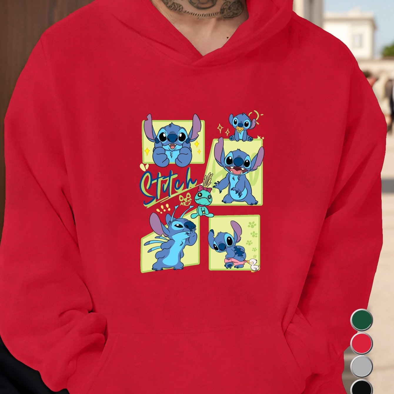Men'S Stitch Cartoon Character Hoodie - Gray Casual Pullover with Front Pocket, Loose Fit, Long Sleeve, Non-Stretch Fabric for Fall/Winter, Cute Hoodies