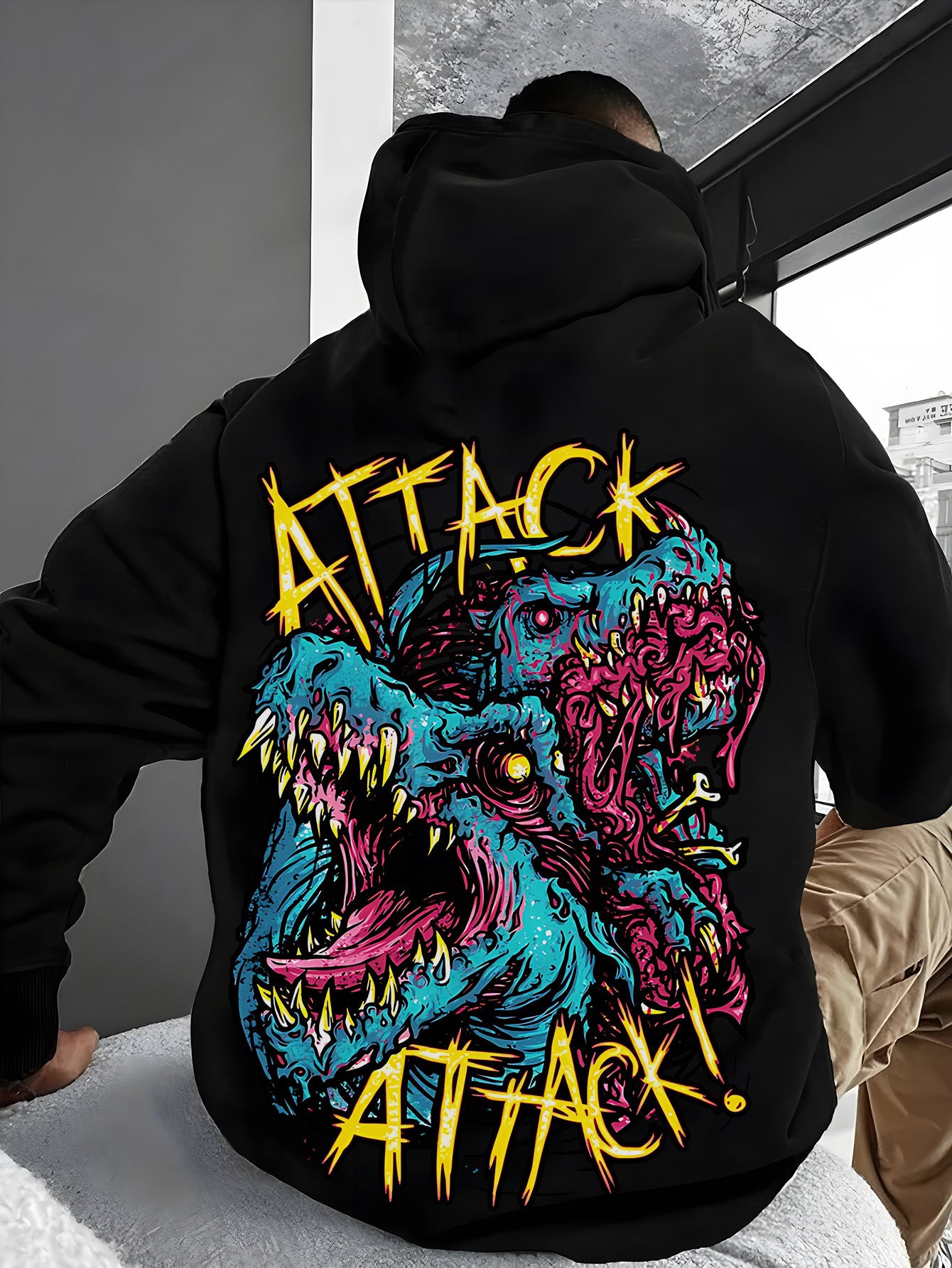 Handsome Men'S Hoodie with Dinosaur Yellow English Letters Printed with Horror Elements, Featuring Pocket Details for Easy Release And Storage. The Fabric Is Soft And Comfortable, Making It The Perfect Choice