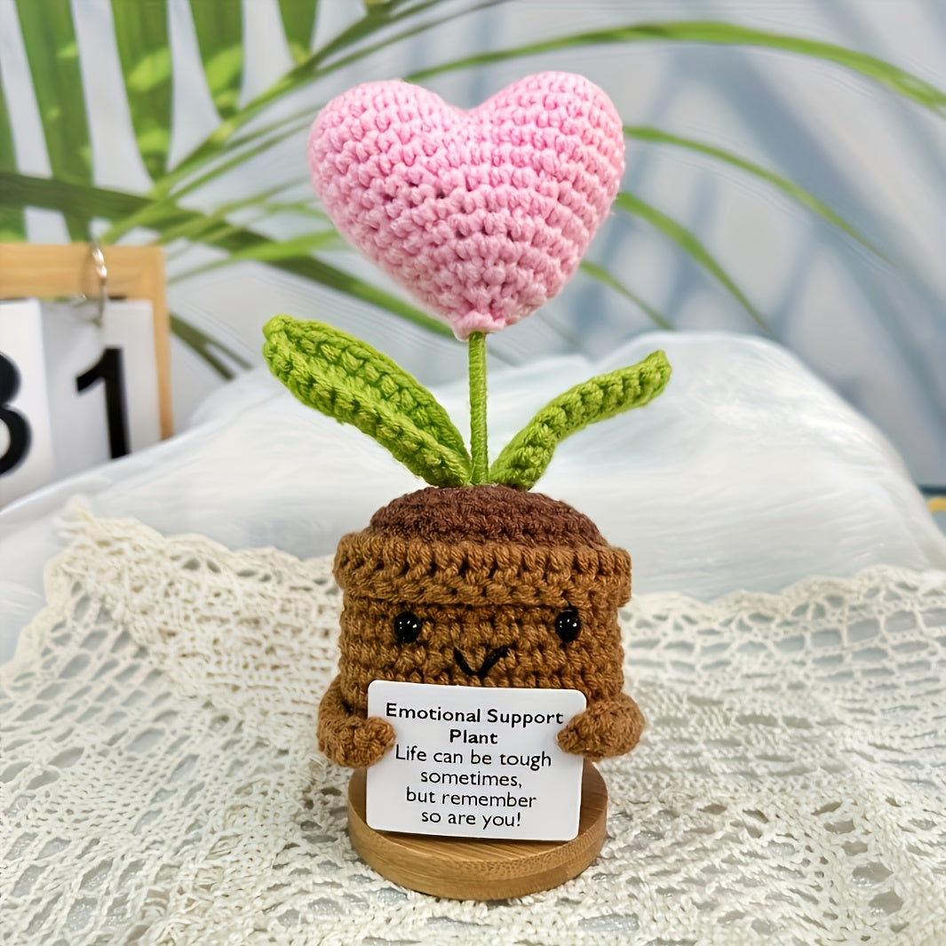 Crochet Heart Pot, Crocheted Sunflower Pot With Encouragement Card, Soft Knitting Decoration, Handmade Crochet Emotional Support Plant, Emotional Support For Birthday Gifts Room Decor