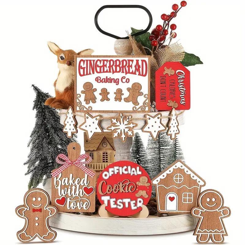 Festive Christmas Tiered Tray Decor Set: Wooden Tiered Tray with Gingerbread, Snowmen & Santa Signs - Holiday Home & Kitchen Display Essentials, Perfect for Christmas Gifts, Party Favors, Home Table Displays, and Holiday Deco