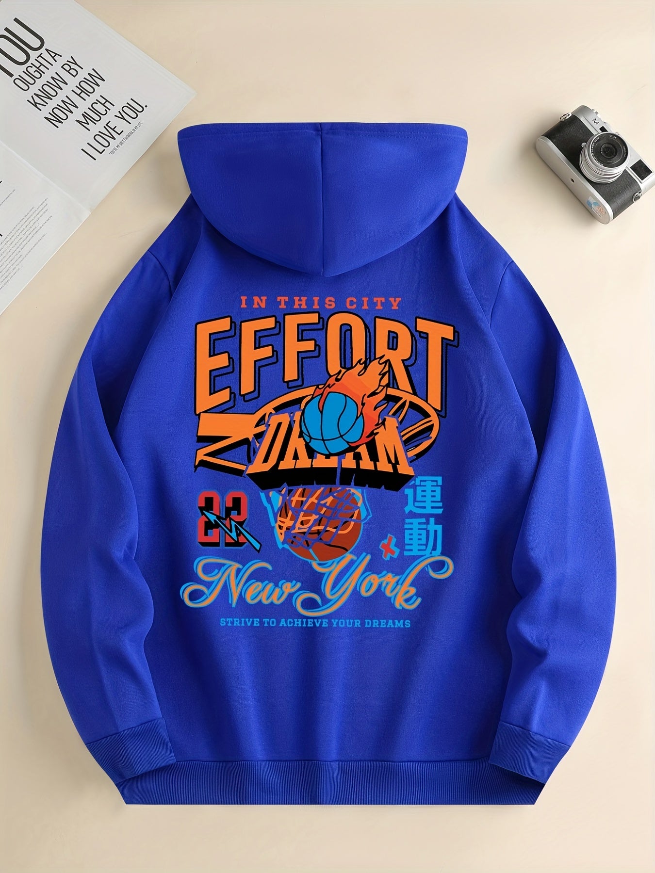 Men'S Trendy Hoodie with Basketball Print - Casual Drawstring Pullover with Kangaroo Pocket, Polyester & Spandex Blend, Machine Washable