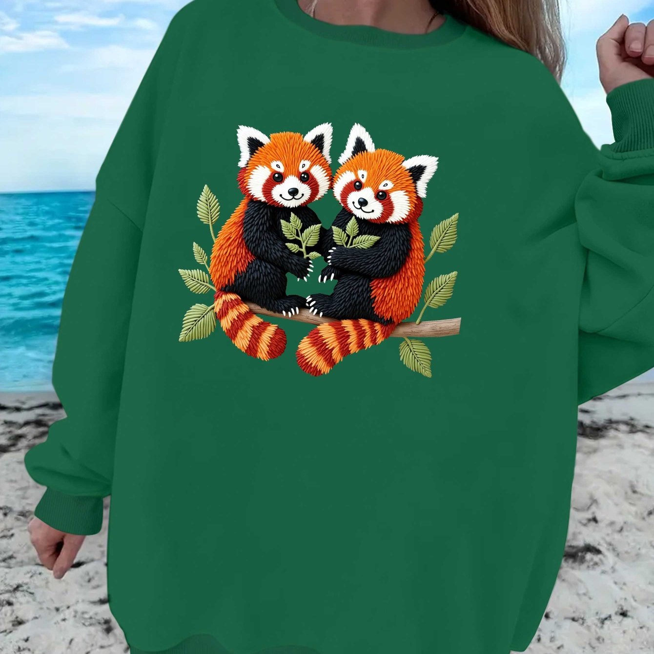 teediy Women's Embroidered Red Pandas on Branch Sweatshirt - Black Casual Long Sleeve Round Neck Pullover, Machine Washable Regular Fit Autumn Winter Cozy Top, Panda Clothes, Winter Clothing, Autumn Apparel, Playful Design, D