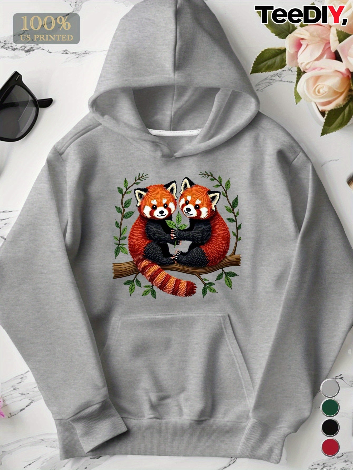Women's Plus Size Embroidered Red Pandas Branch Hoodie - Grey Casual Pullover with Front Pocket, 100% US Printed Design, Machine Washable Autumn Winter Sweatshirt, Animal Lover Apparel, Playful Animal Design, Detailed Embroid