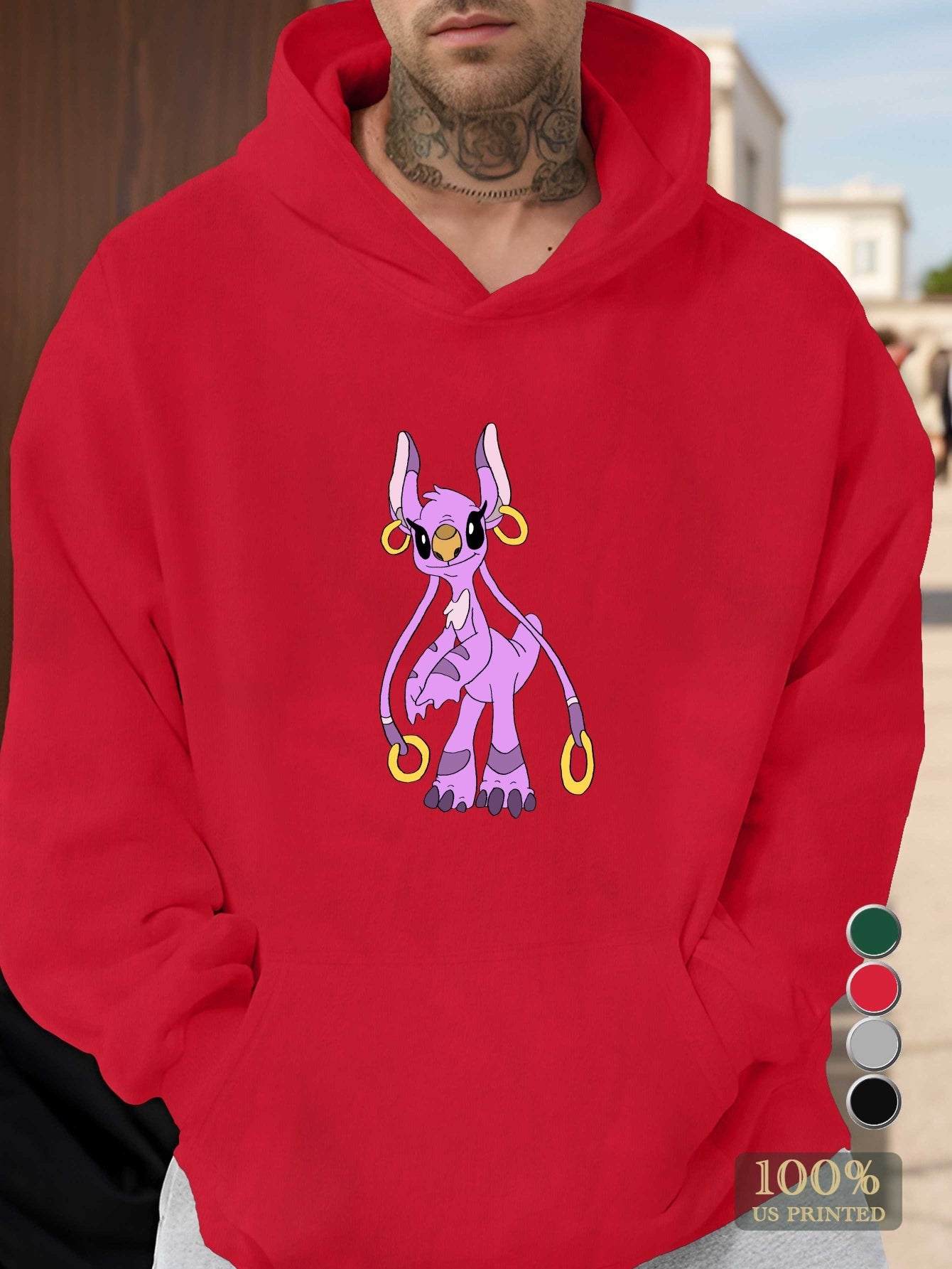 Disney Stitch Men's Graphic Hoodie - Vibrant Red Relaxed Fit Hooded Sweatshirt with Front Pocket, 100% US Printed Design, Machine Washable Autumn Winter Casual Pullover, Disney Hoodie, Durable Fabric