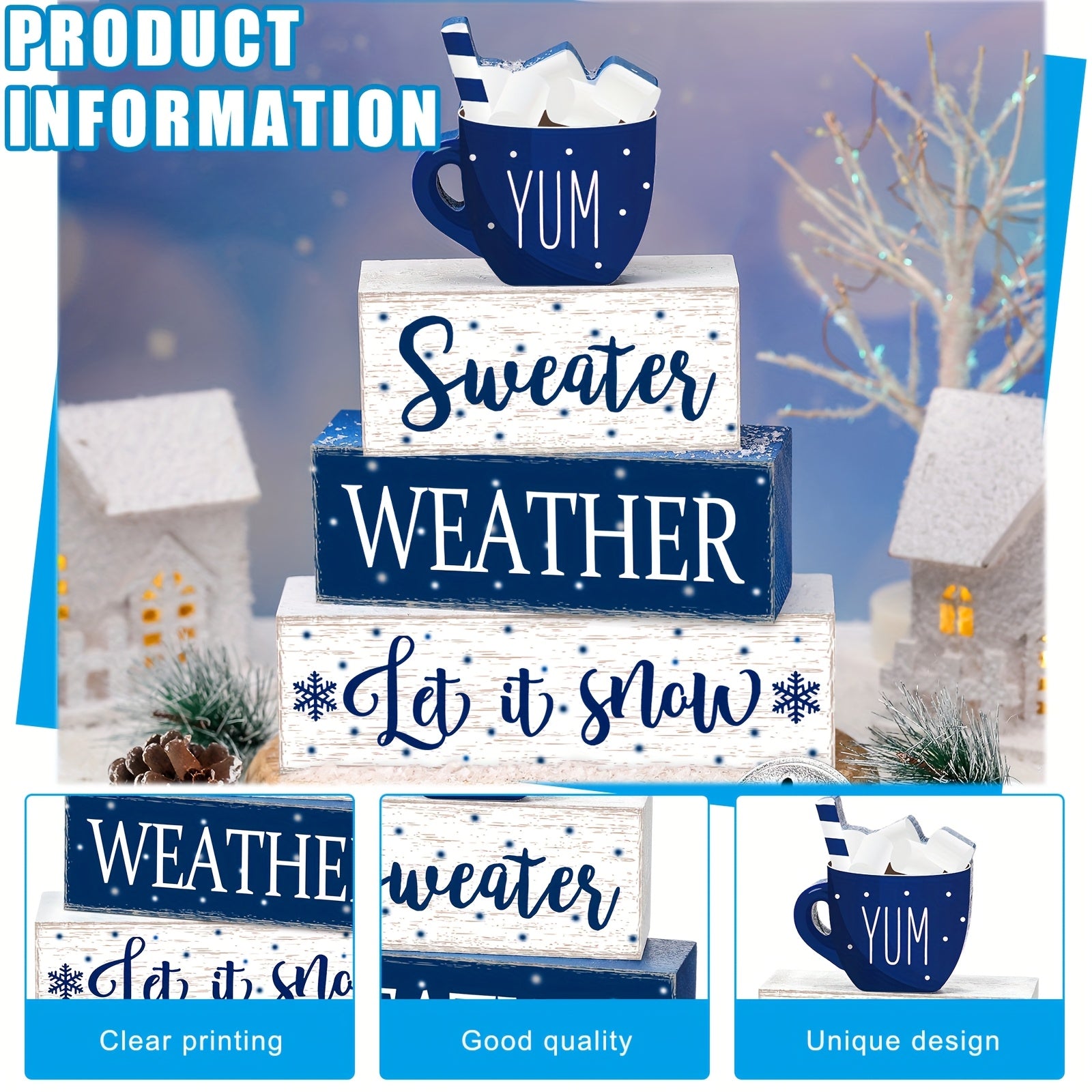 Winter Wooden Tabletop Decor Let It Snow Tiered Tray Decor Snowflakes Decorative Wood Block Sign Gift Wooden Farmhouse Christmas Table Centerpiece Winter Decor for Home Indoor Holiday