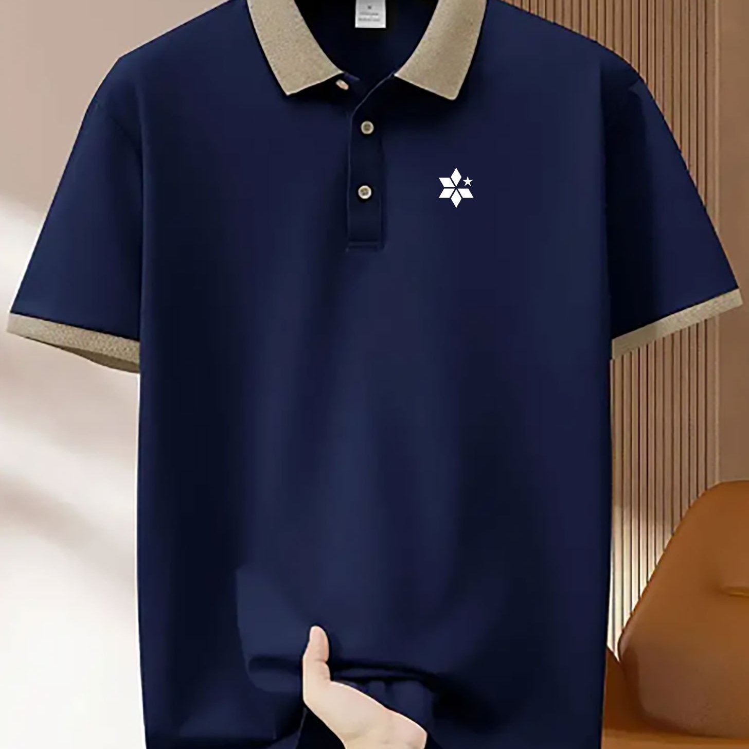 Men's Breathable Stretch Shirt - Summer Short Sleeve Button- Collar with Geometric Print, Black & Beige Contrast Trim, Regular Fit for Golf, Tennis, Business Casual & Outdoor Activities, Golf Shirt, Active Lifestyle, Modern D