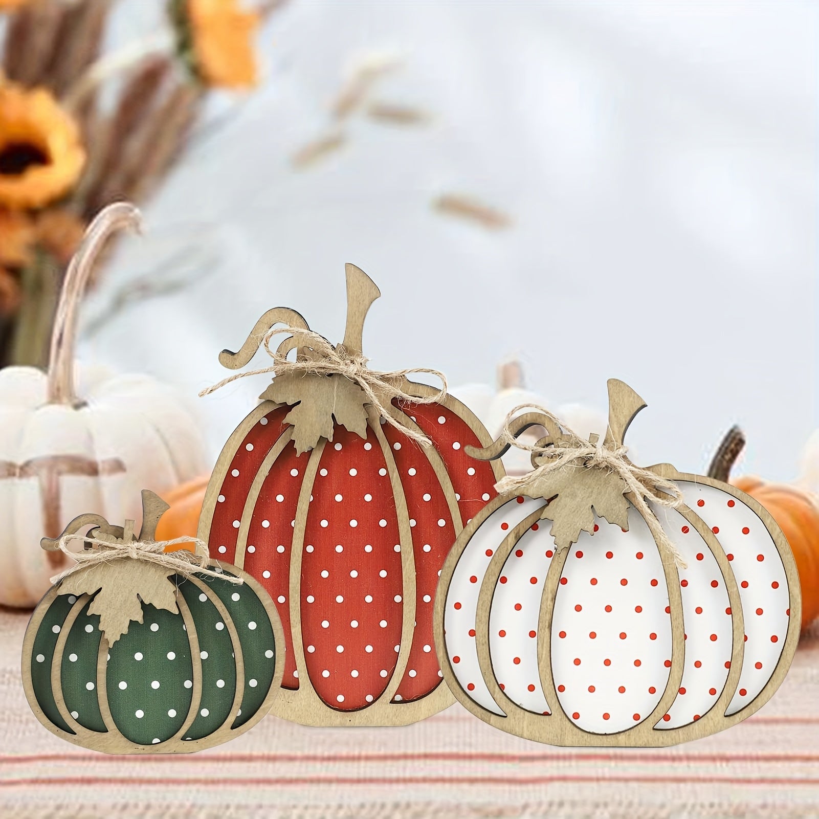 Rustic Farmhouse Wooden Polka Dot Pumpkin Trays - Multi-Size Artificial Wood Decor with Twine Rope Handles, White with Red Dots for Thanksgiving Harvest Season Home & Party Table Decorations, Thanksgiving Table Decor, Festive