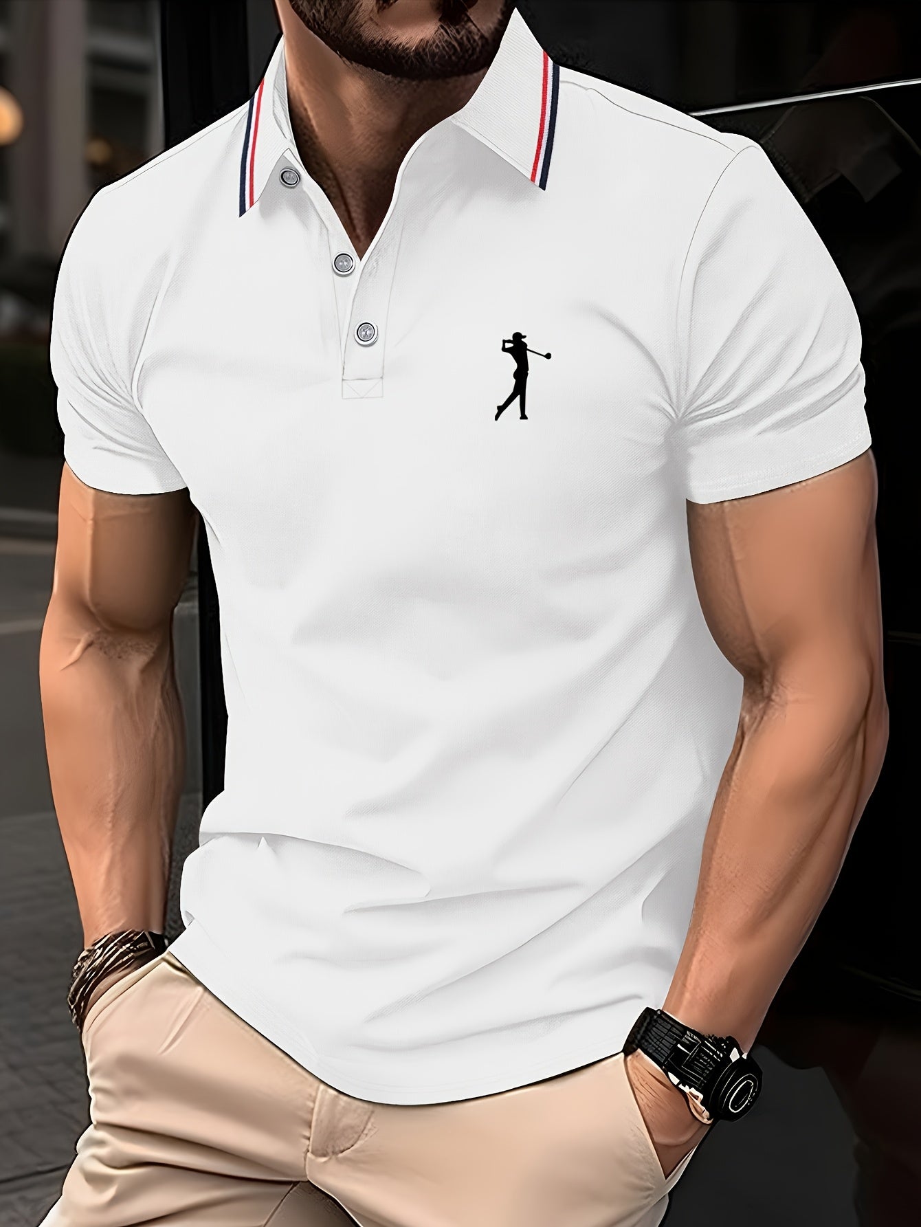Men's Lightweight Breathable Golf Shirt - Casual Summer Short Sleeve with Collar, Orange Geometric Print, Machine Washable, Perfect for Golf and Business Casual Wear, Contrast Stripe Detailing