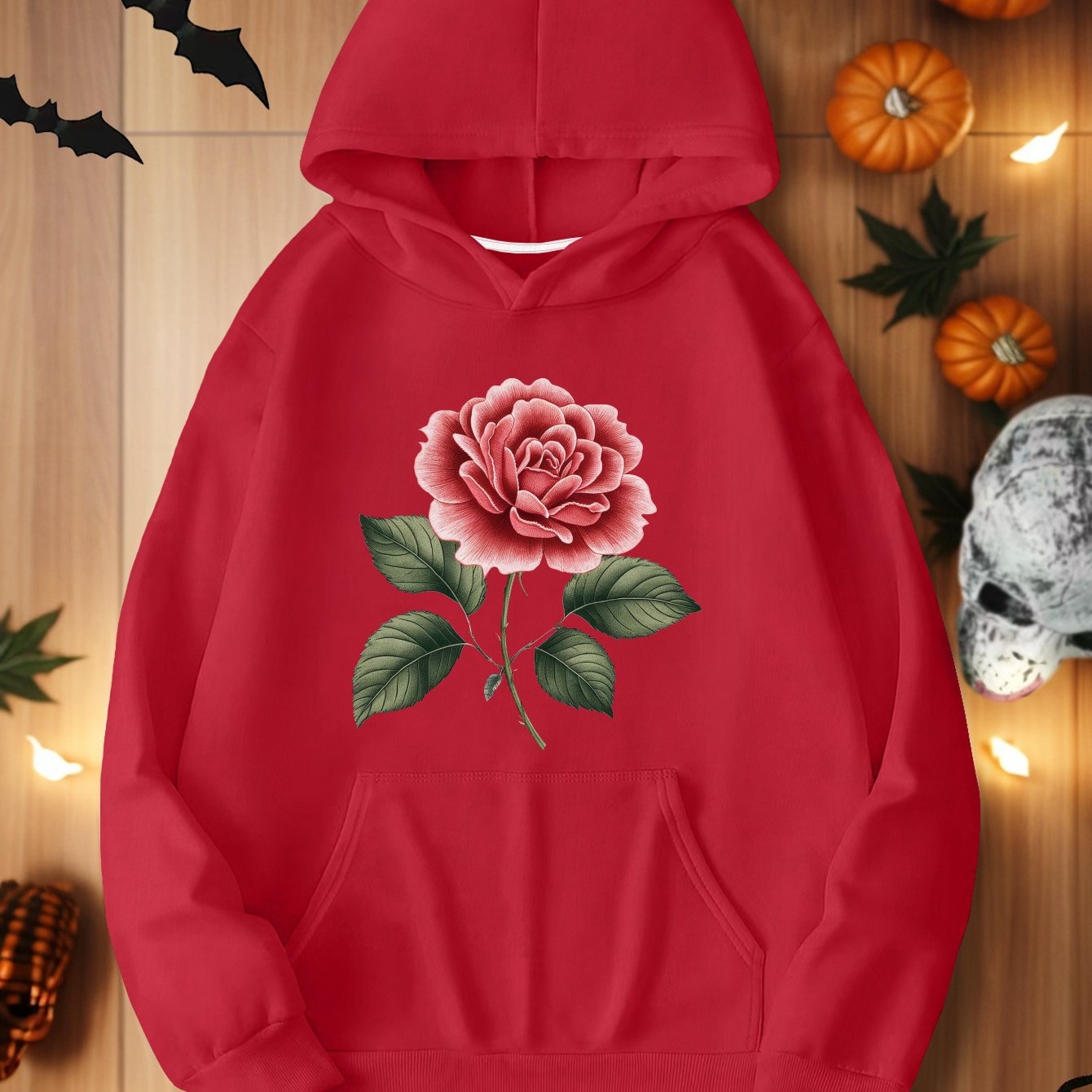 Embroidered Red Rose Illustration Women'S Plus Size Casual Hoodies