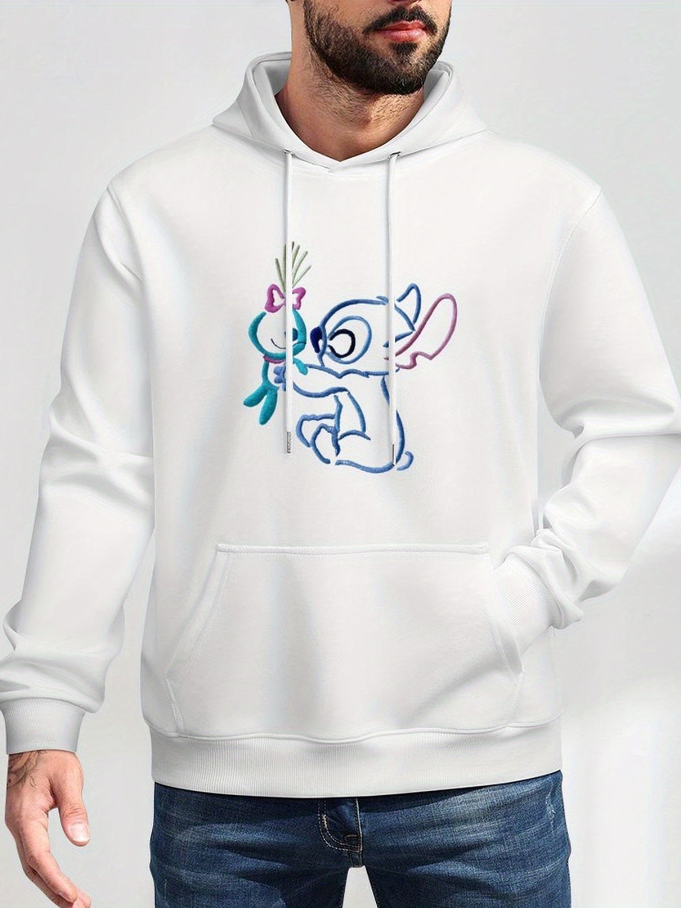 Disney Men's Black Retro Pullover Hoodie with Stitch & Angel Embroidery Art & Disney Friends Digital Print, Soft Regular Fit Casual Sweatshirt, Machine Washable, Front Pockets, Disney Hoodie, Durable Fabric