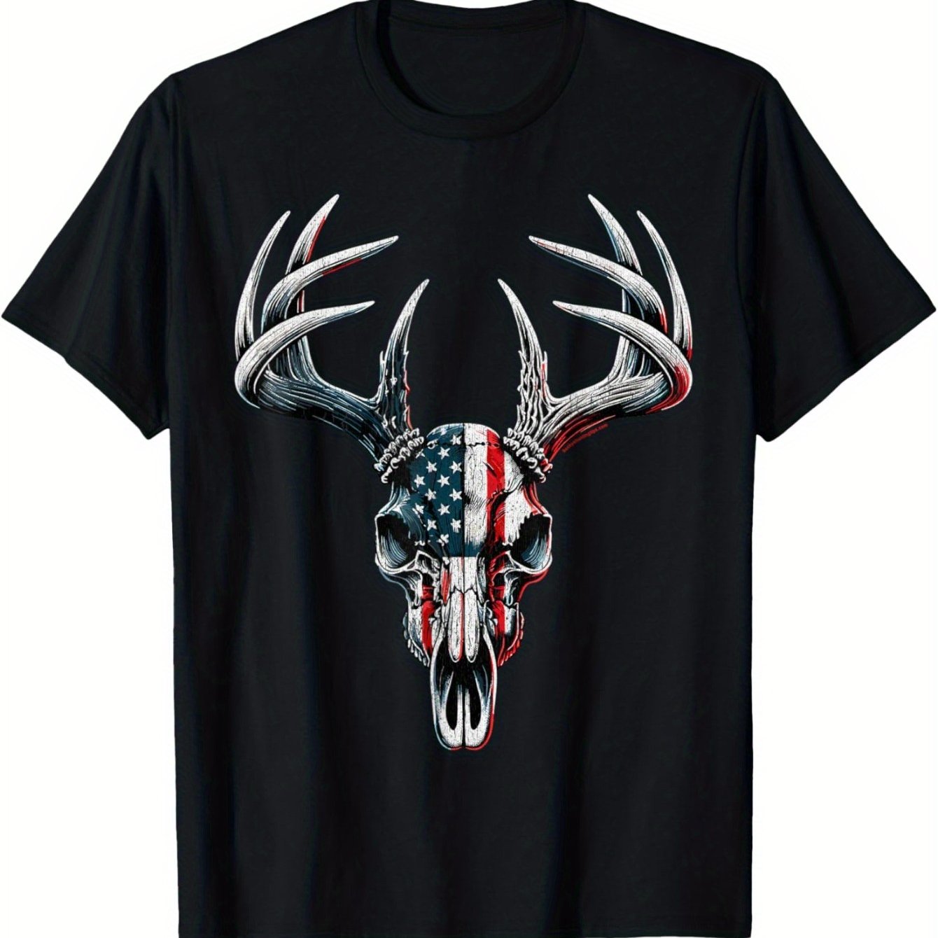 Men Whitetail Deer Hunting American Flag Buck Skull T-Shirt