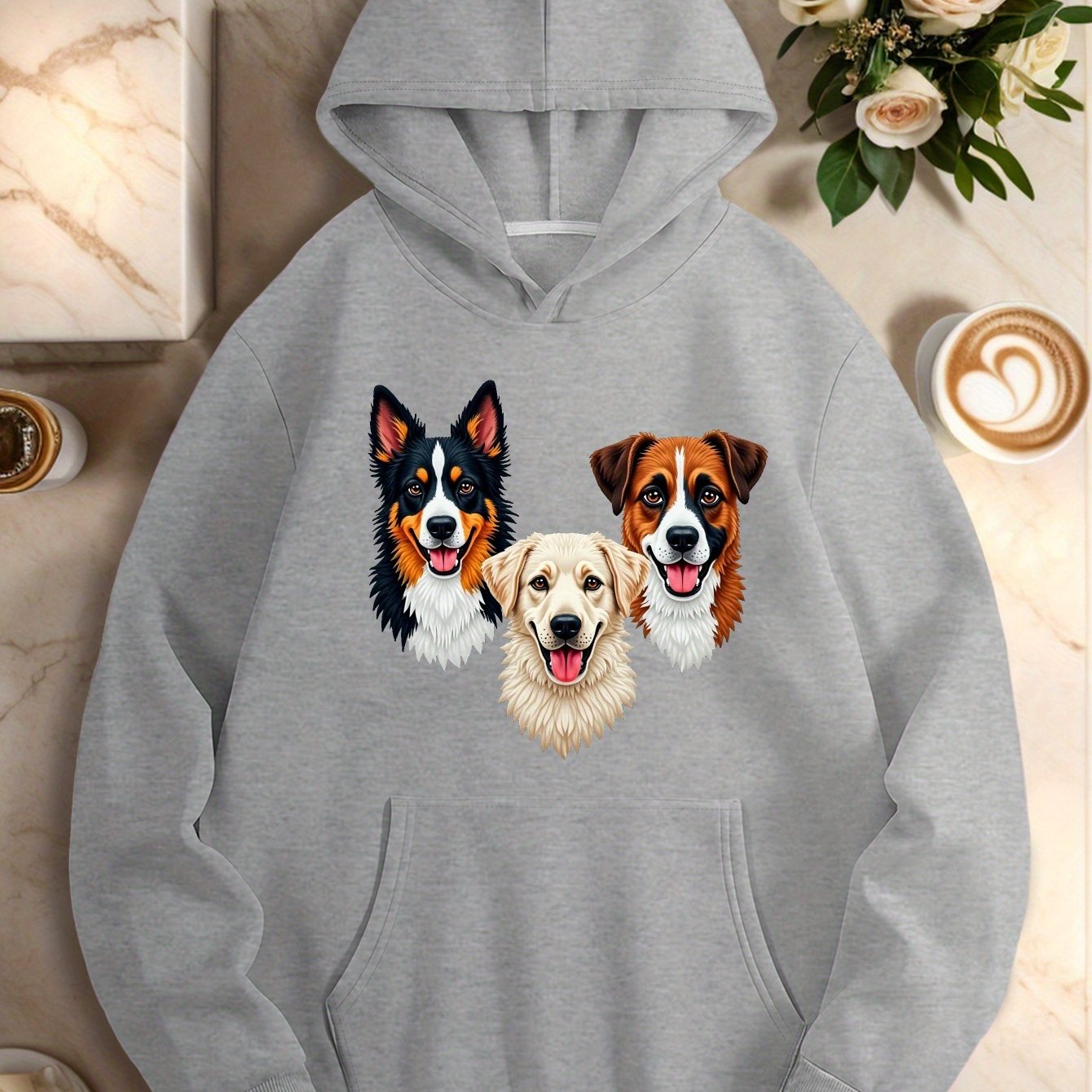 Three Embroidered Dog Faces Women'S Plus Size Casual Hoodies
