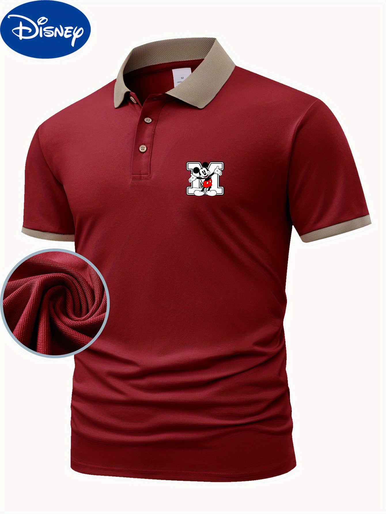 Disney Genuine Men's Series Classic Mickey Mouse M letters printed on the left chest small design summer business fashion Lightweight polyester breathable and quick drying Men's shirts suitable for outdoor sports golf wear