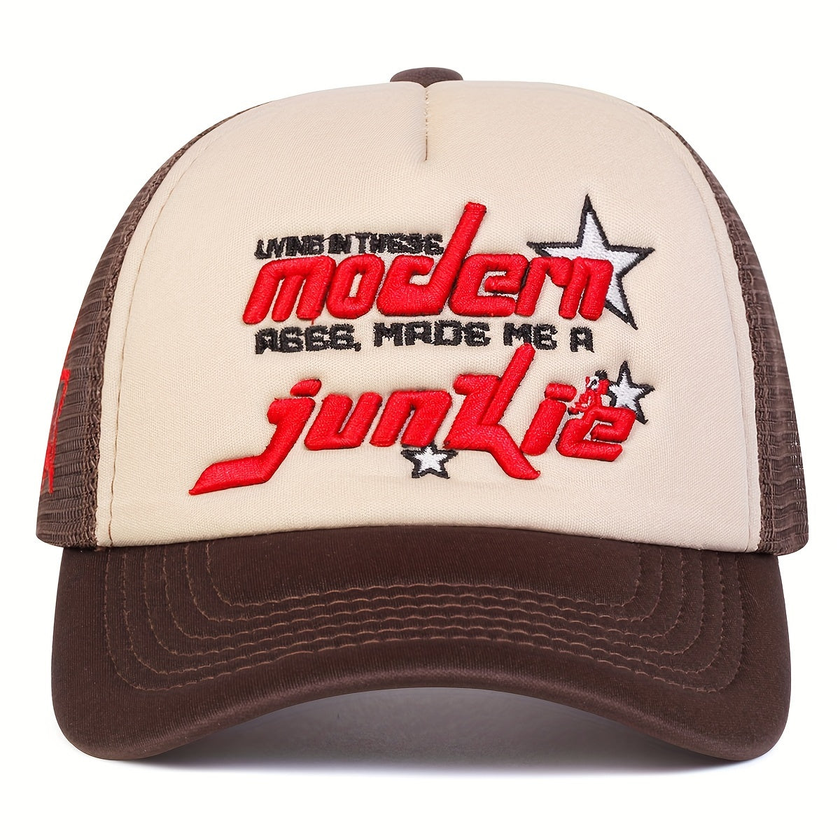 Modern Junkie 1 Men's Five-Panel Baseball Cap - Adjustable, Breathable, Lightweight Polyester - Casual Beige, Brown, White, Blue Star Design Trucker Hat for Summer, Spring, Fall Outdoor Activities & Beach Vacations