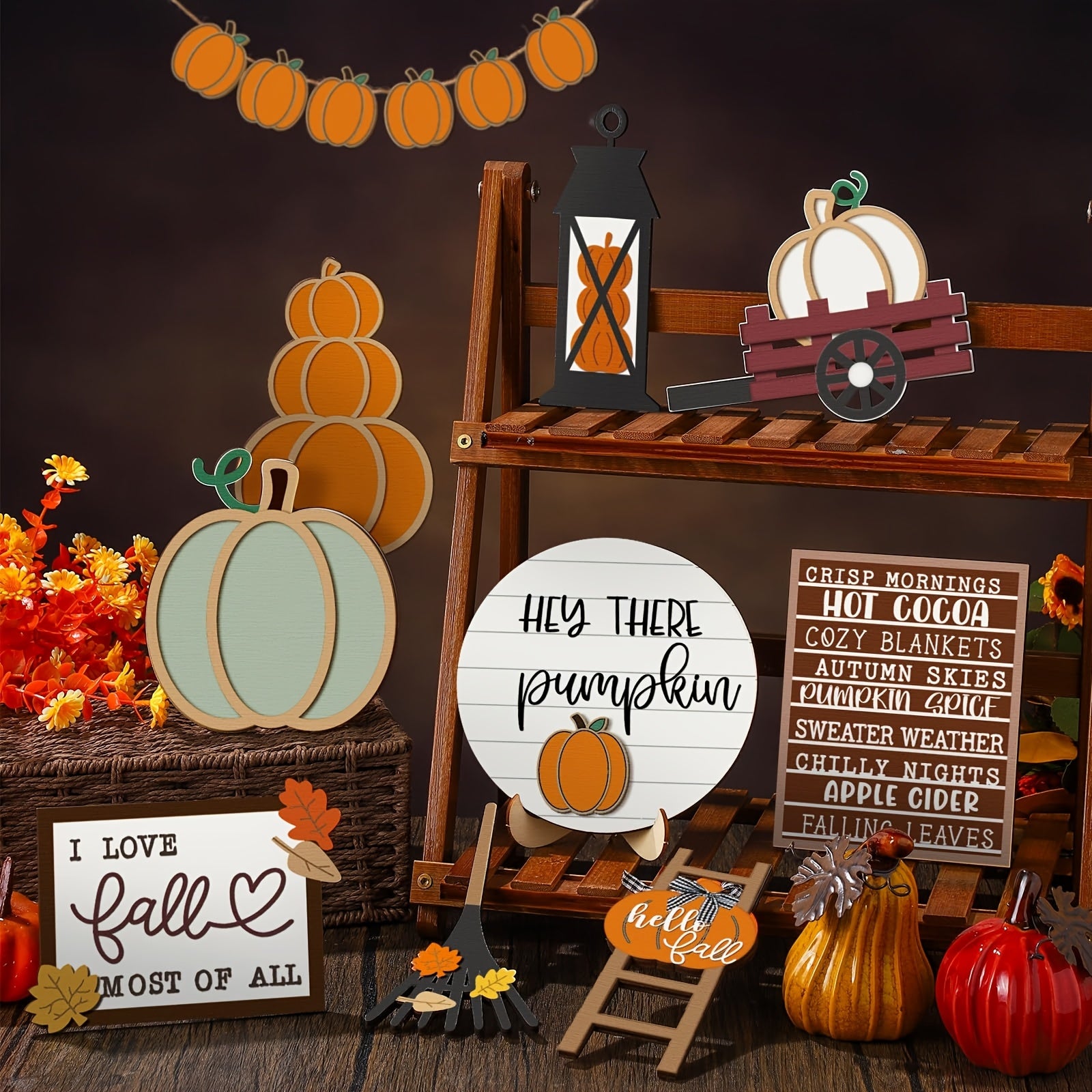 Thanksgiving Fall Tiered Tray Decorating Set - Fall Pumpkin Leaf Rustic Farmhouse Decorative Tray - Home Kitchen Wooden Tabletop Sign (Rustic)