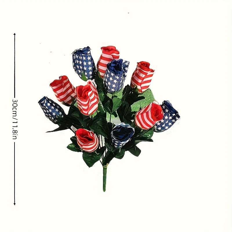 11 Patriotic American Flag Roses Bouquet - Plastic Silk-Like Red White & Blue Stripes with Green Foliage, Memorial Day Veterans Day Home Decor, Cemetery Wreath, No Vase Needed