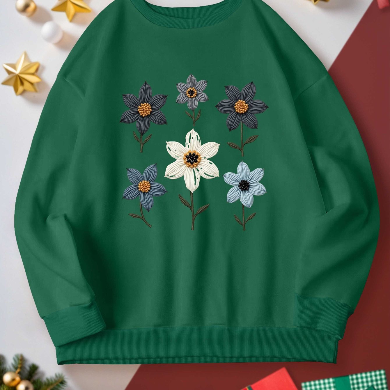 Women's Plus Size Casual Sweatshirt - Embroidered Floral Design with Beadwork, Vibrant Red Long Sleeve Round Neck Pullover, Machine Washable Autumn Winter Fashion Top, Cute Sweatshirts, Detailed Embroidery