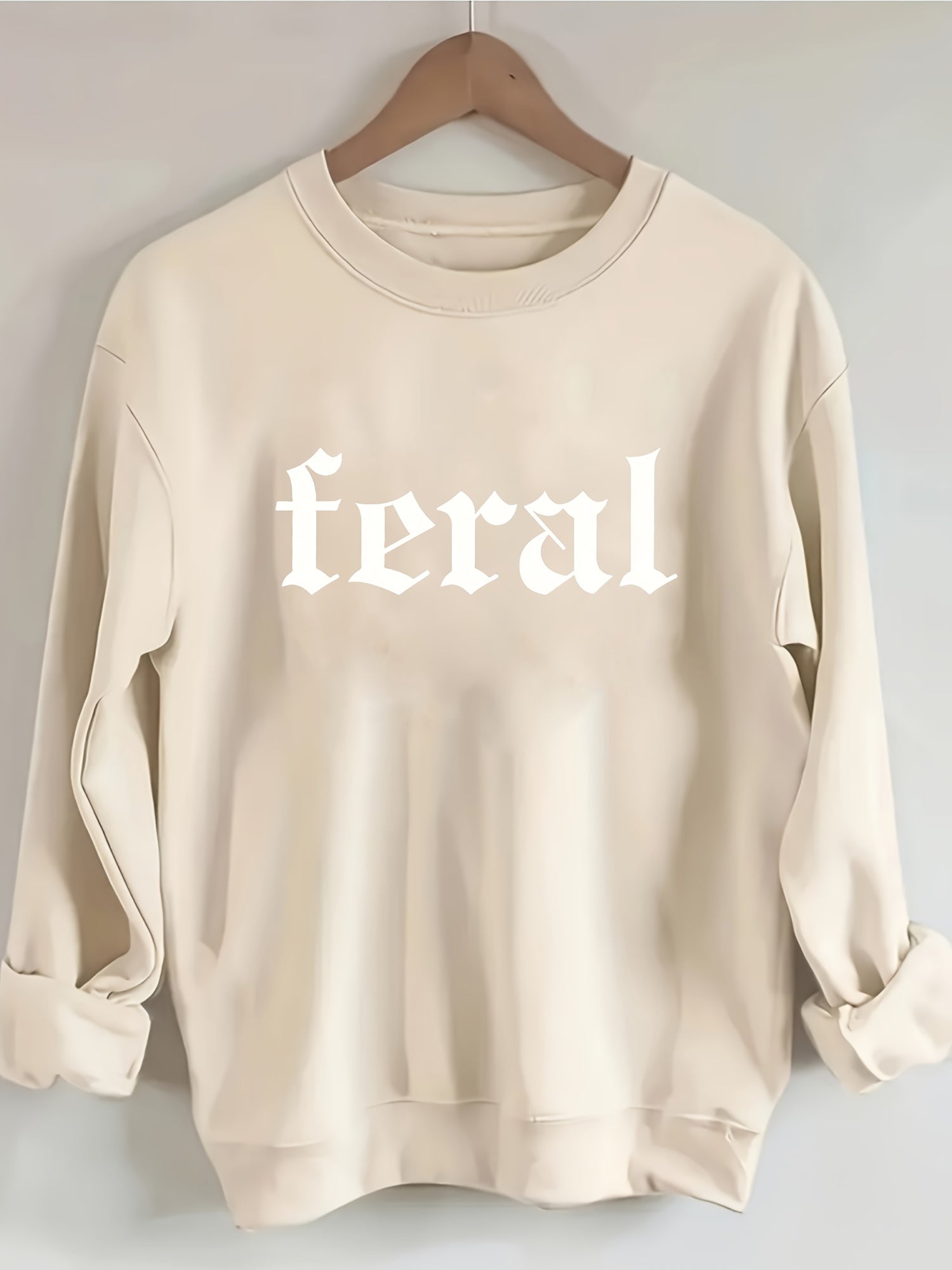 Women's Black Feral Print Pullover Sweatshirt - Soft Casual Long Sleeve Crew Neck with Bold White Lettering - Machine Washable All-Season Comfort, Cute Sweatshirts, Everyday Comfort, Modern Sweatshirt, Durable Comfort, Weeken