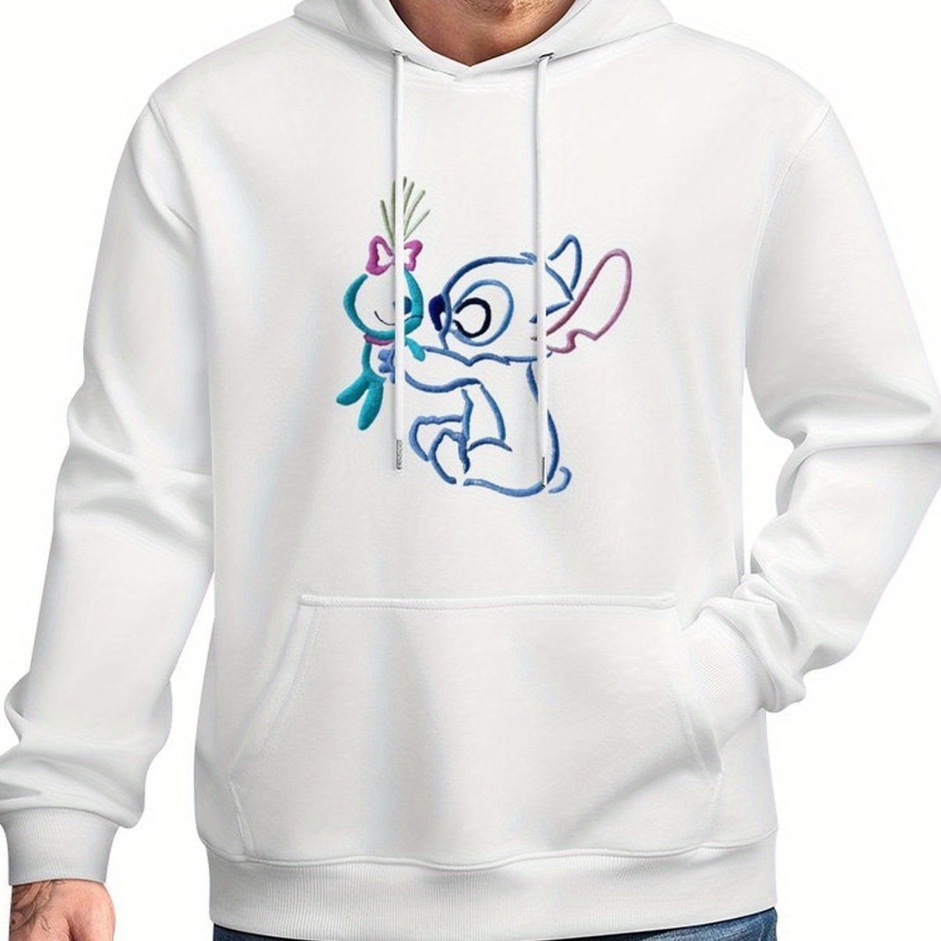 Disney Men's Black Retro Pullover Hoodie with Stitch & Angel Embroidery Art & Disney Friends Digital Print, Soft Regular Fit Casual Sweatshirt, Machine Washable, Front Pockets, Disney Hoodie, Durable Fabric
