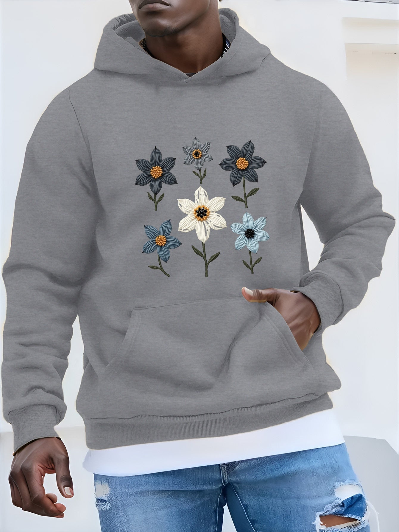 Men's Casual Hoodie with Embroidered Floral Design, Beaded Accents & Geometric Pattern - Black with Blue & Orange Flowers, Front Pockets, Machine Washable, Autumn/Winter Wear, Essential Hoodie