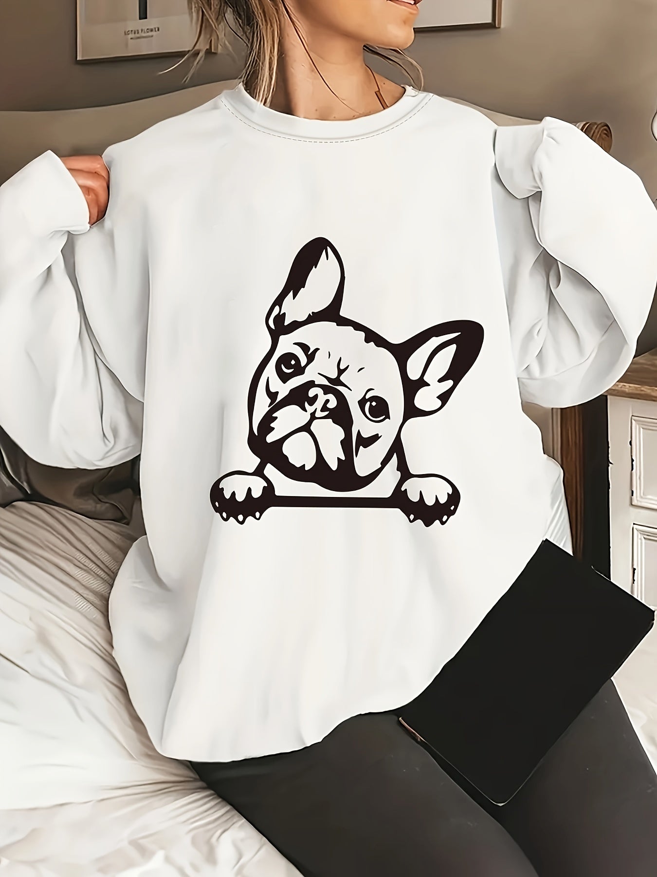 Women's French Bulldog Graphic Crew Neck Sweatshirt - Cozy Casual Long Sleeve Pullover with Relaxed Fit, Machine Washable, All-Season Comfort & Cute Animal Print Design, Everyday Apparel | Round Neckline Top, Dog Sweatshirt