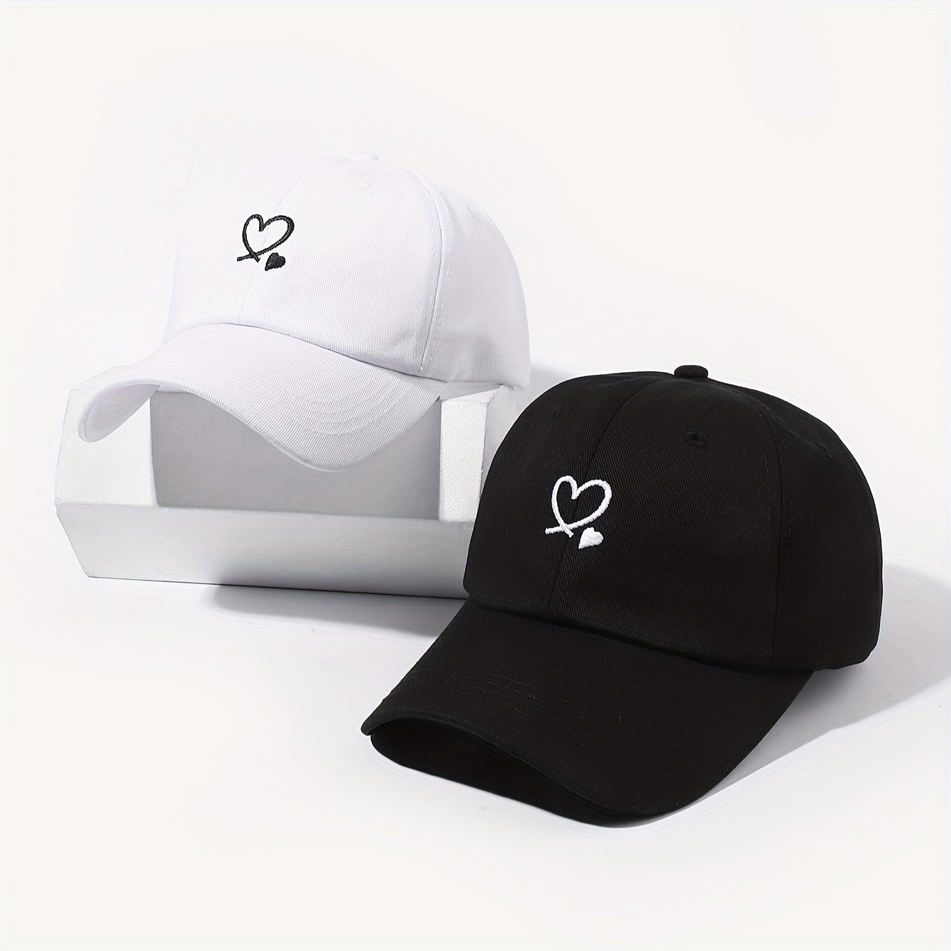 Unisex Embroidered Adjustable Sun Protection 2pcs Double Heart Baseball Caps - Woven Fabric, Hand Wash/Dry Clean, Holiday Theme Outdoor Leisure Hats, Casual Headgear | Adjustable Caps | Structured Cap