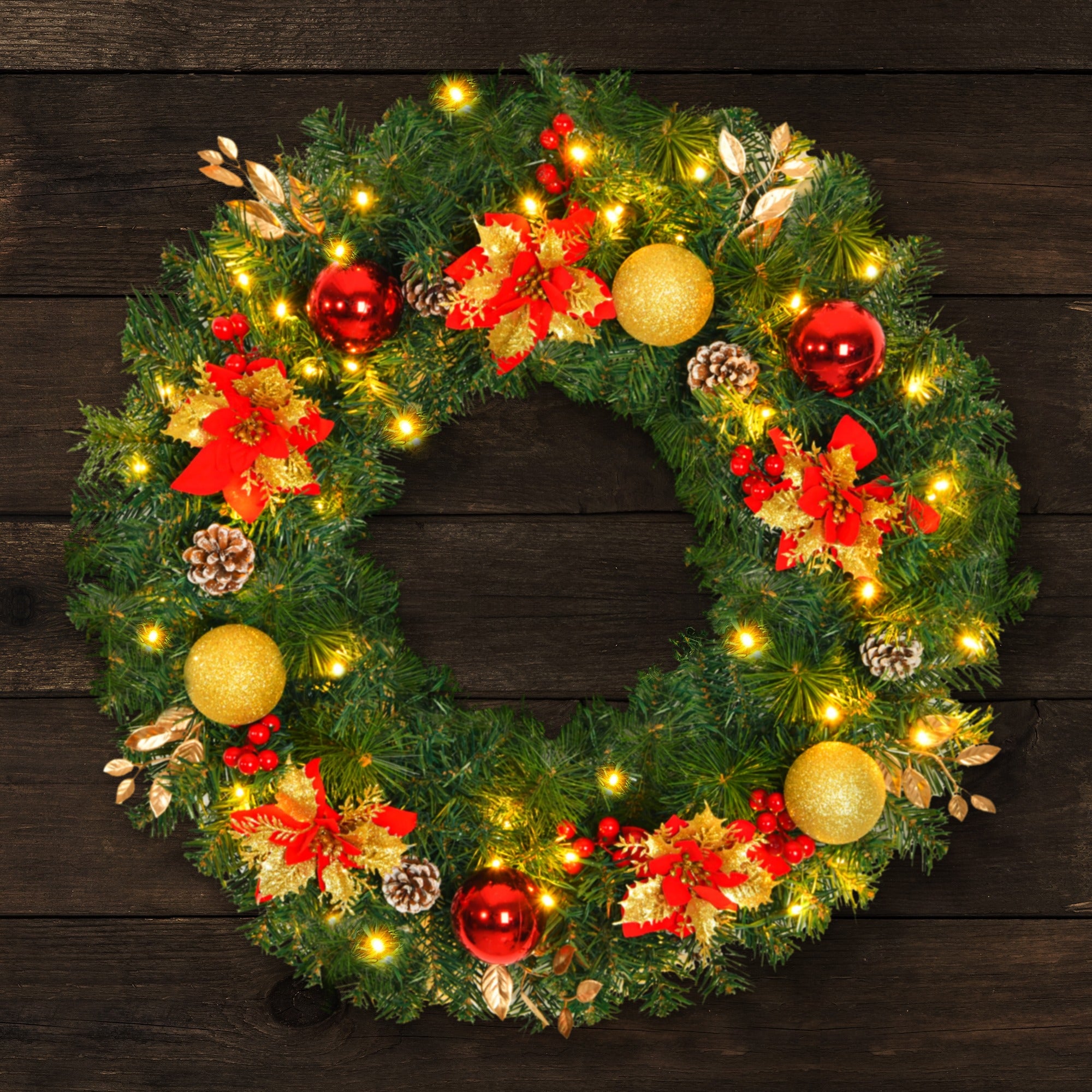 28inch 8 Modes Extra Large Pre-lit Christmas Wreath Artificial Deluxe Lighted Christmas Wreath Decorations Ornament with LED Lights Door Window Fireplace Decor Timer Function