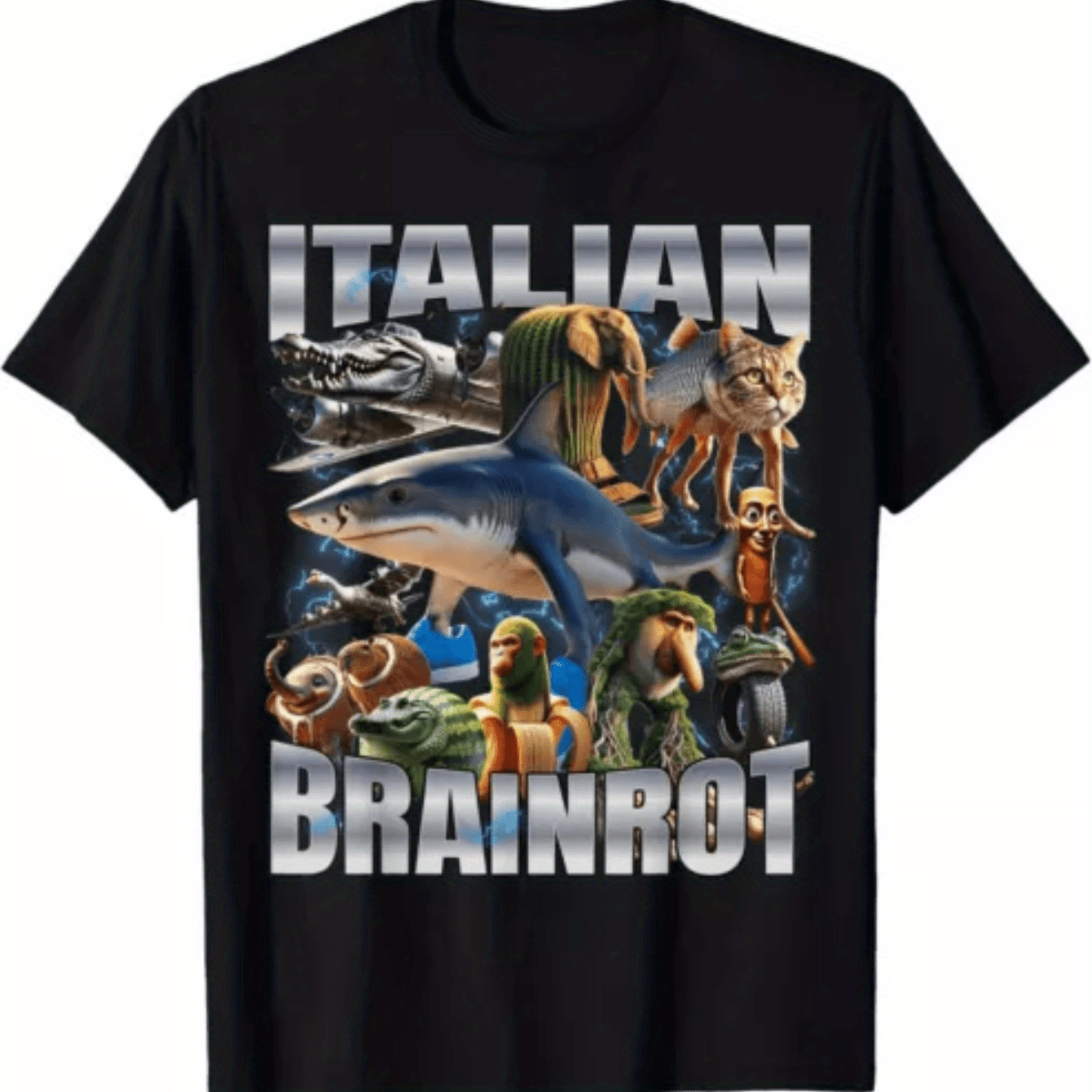 Italian Brainrot Graphic T-Shirt for Men & Women - 100% Cotton 220gsm Heavyweight, Short Sleeve Round Neck Casual Tee with Vibrant Shark & Creature Print, Machine Washable All-Season Comfort Fit, Unisex Clothing, Playful Desi