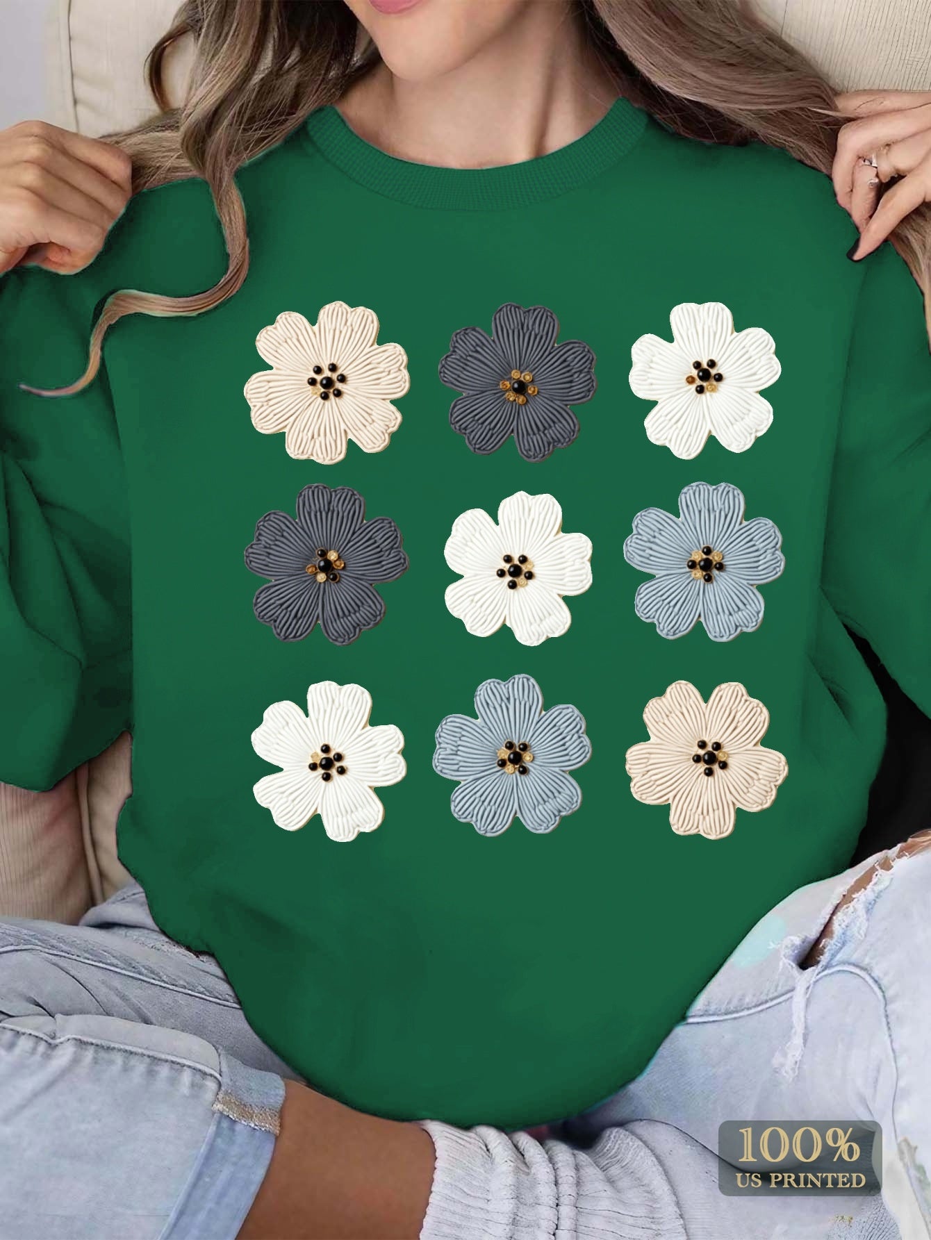 Women's Cozy Pink Floral Embroidered Sweatshirt with Bead Details - Soft Long Sleeve Pullover for Fall/Winter, Casual Round Neck Design, Machine Washable