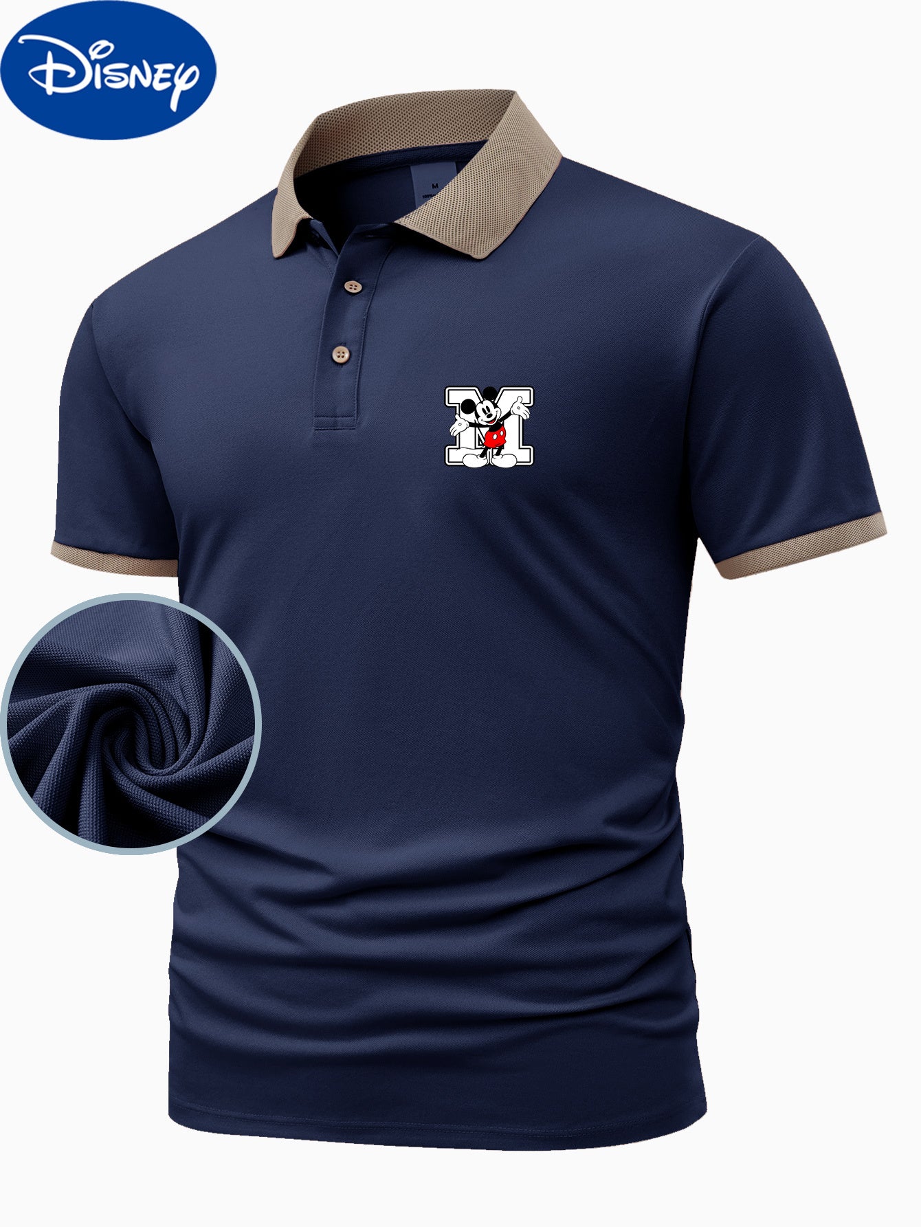 Disney Genuine Men's Series Classic Mickey Mouse M letters printed on the left chest small design summer business fashion Lightweight polyester breathable and quick drying Men's shirts suitable for outdoor sports golf wear