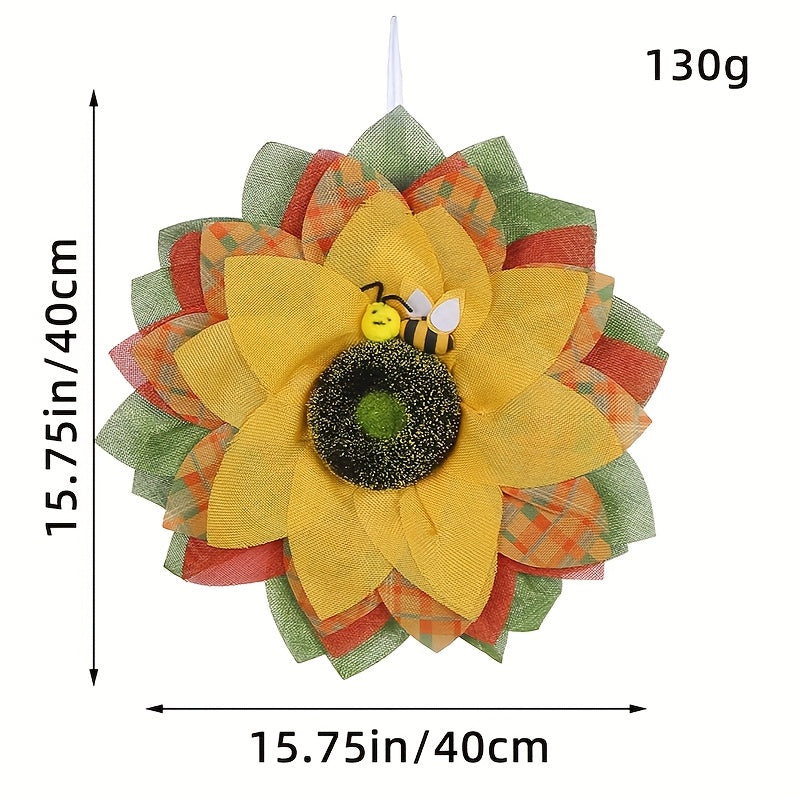 Rustic Burlap Sunflower Wreath with Bee Decor - Farmhouse Wall Art & Front Door Hanging for Easter, Spring, Summer, St. Patrick’s Day - No Electricity Needed, Vibrant Yellow & Black Checkered Design, Sunflower Outdoor Decor