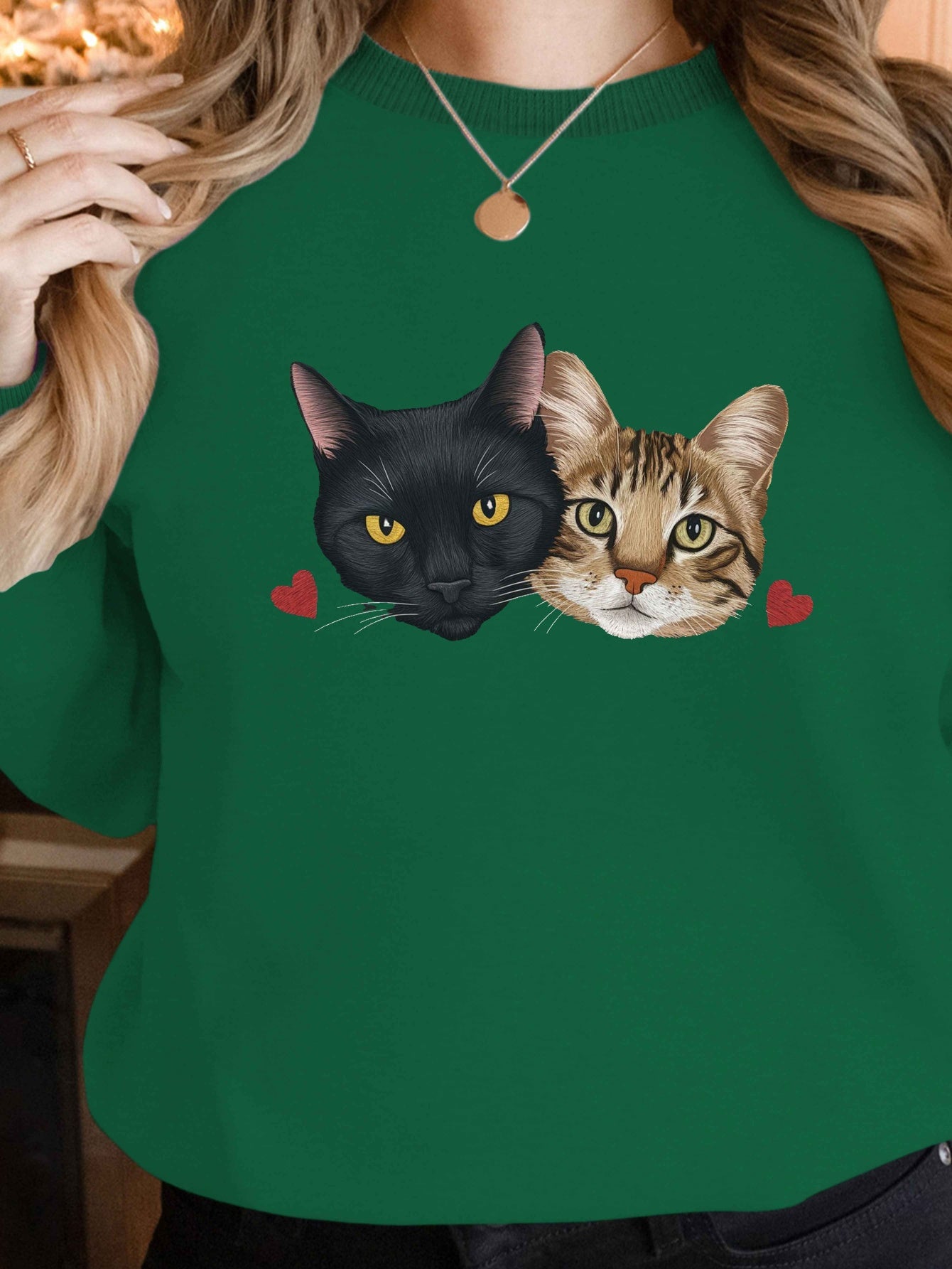 Women's Embroidered Cat Faces Sweatshirt, 250g Polyester, Round Neck, Casual Style for Fall/Winter - Machine Washable