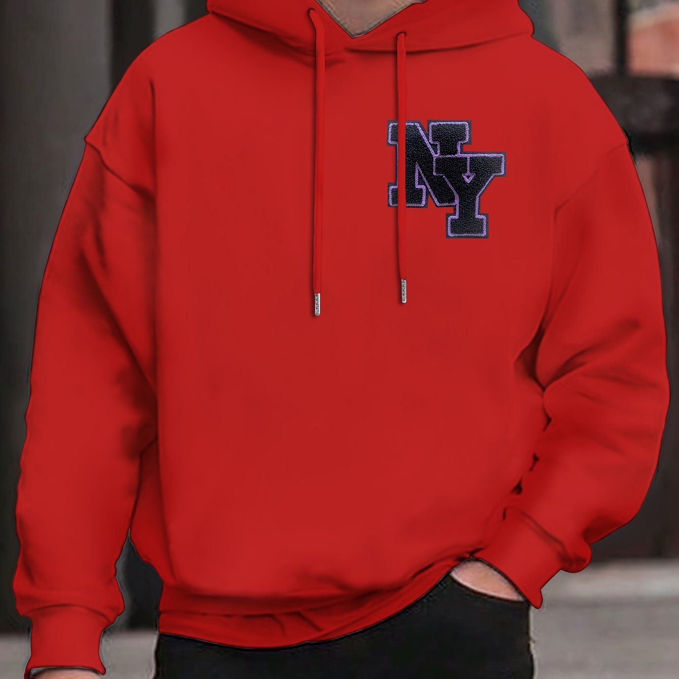 New York Embroidered Men's Hoodie - Casual Pullover with Drawstring, Long Sleeve & Kangaroo Pocket | Cozy Polyester Blend for Fall/Winter