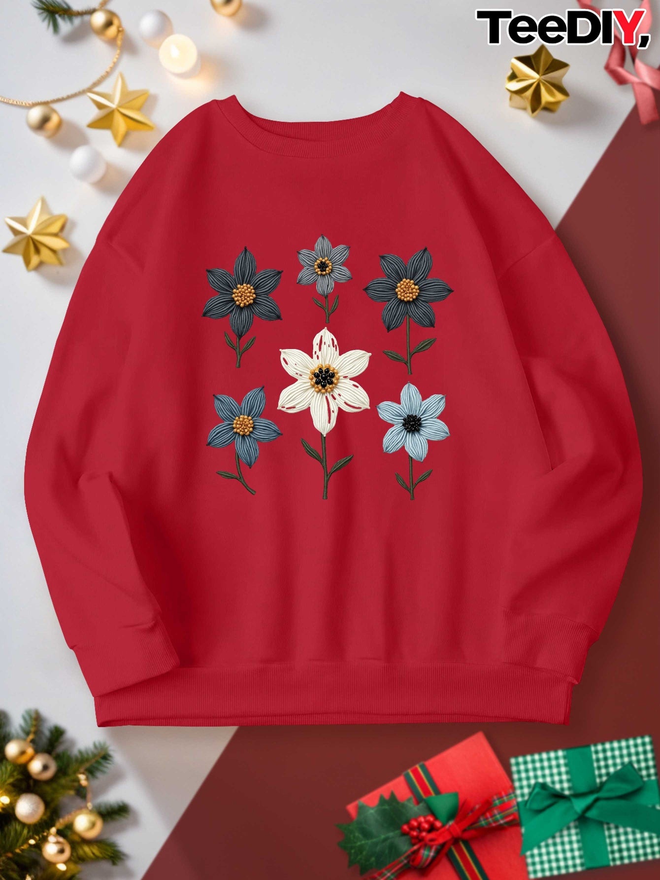 Women's Plus Size Casual Sweatshirt - Embroidered Floral Design with Beadwork, Vibrant Red Long Sleeve Round Neck Pullover, Machine Washable Autumn Winter Fashion Top, Cute Sweatshirts, Detailed Embroidery