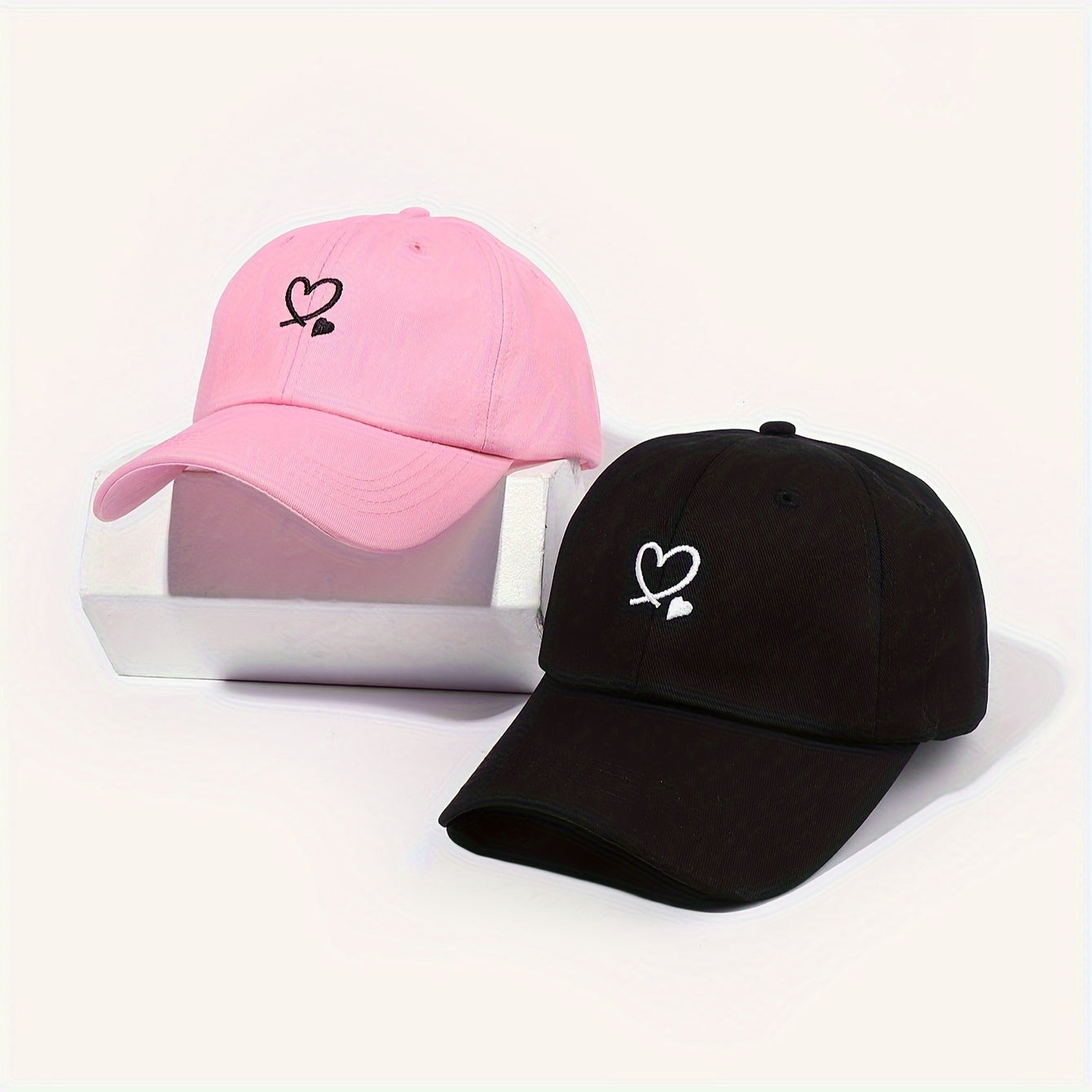Unisex Embroidered Adjustable Sun Protection 2pcs Double Heart Baseball Caps - Woven Fabric, Hand Wash/Dry Clean, Holiday Theme Outdoor Leisure Hats, Casual Headgear | Adjustable Caps | Structured Cap