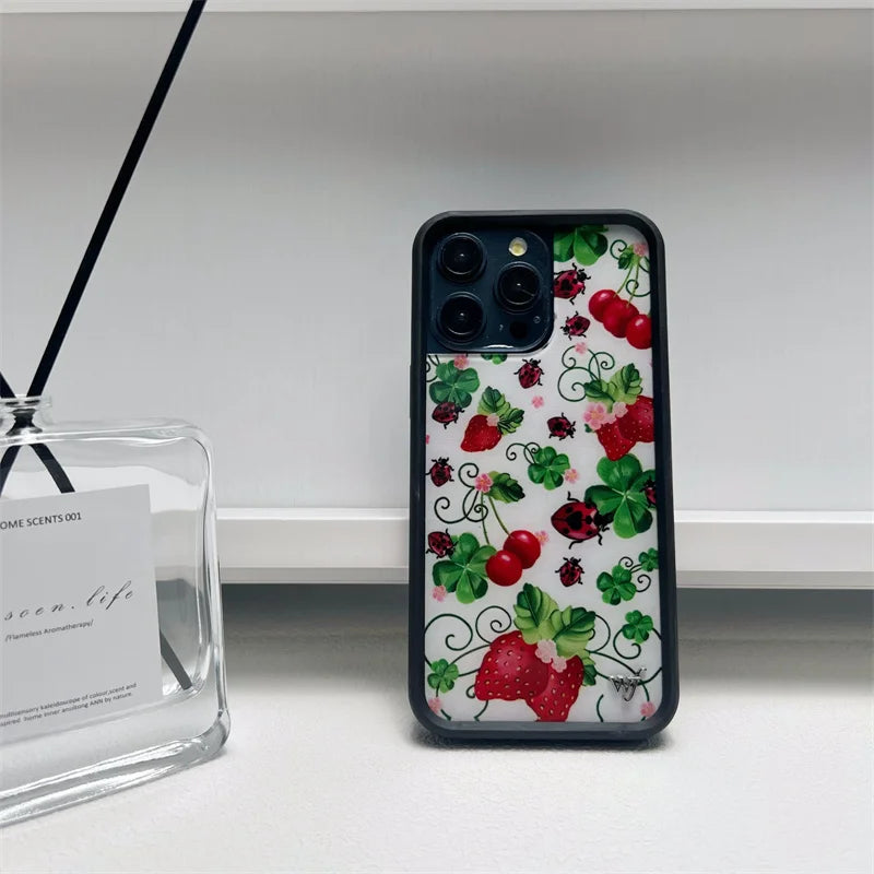Wildflower Ins Cute Cartoon Phone Case for iPhone Leopard Print Cherry Pink Cat Brown 13 Pro 14 Pro 15 Pro WF Strawberry Case
