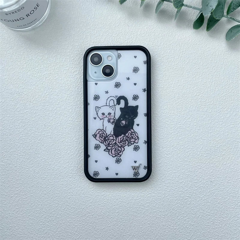Wildflower Ins Cute Cartoon Phone Case for iPhone Leopard Print Cherry Pink Cat Brown 13 Pro 14 Pro 15 Pro WF Strawberries case